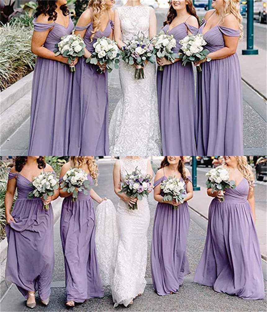ORANDESIGNE Damen V-Ausschnitt Abendkleid A-Linie Chiffon Off Shoulder Brautjungfernkleid Elegant Lange Partykleider Spaghettiträger Hochzeitsgastkleid Abschlusskleid Ballkleid