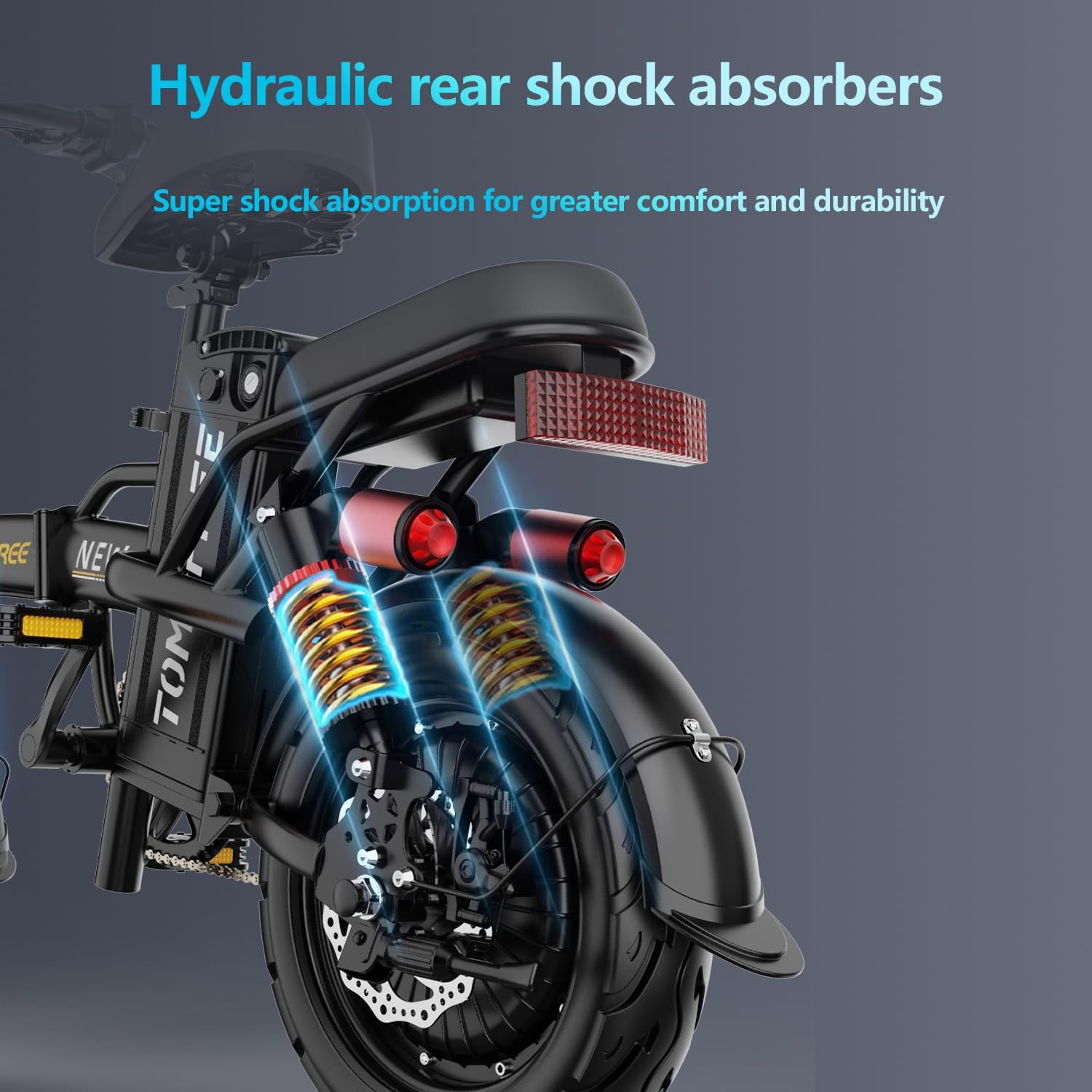 Close-up of the hydraulic rear shock absorbers on the FHW S1 Pro Electric Bike