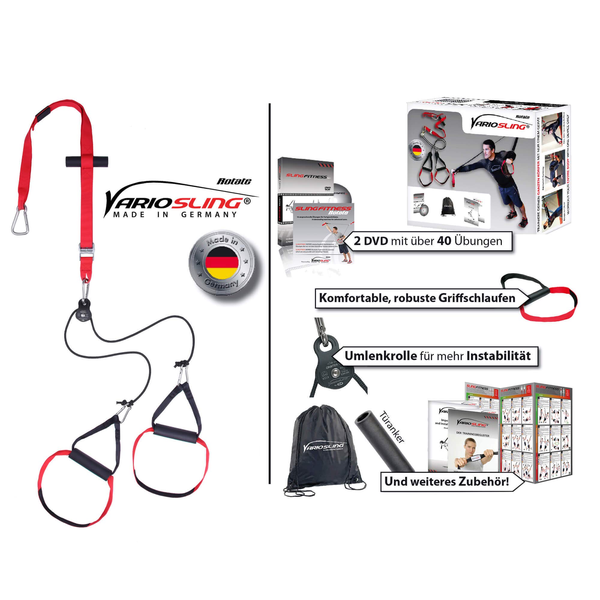 Sling Trainer mit Umlenkrolle mit Griffschlaufen inkl. 2x Schlingentrainer DVD, Türanker, Poster MADE IN GERMANY (Rotate)