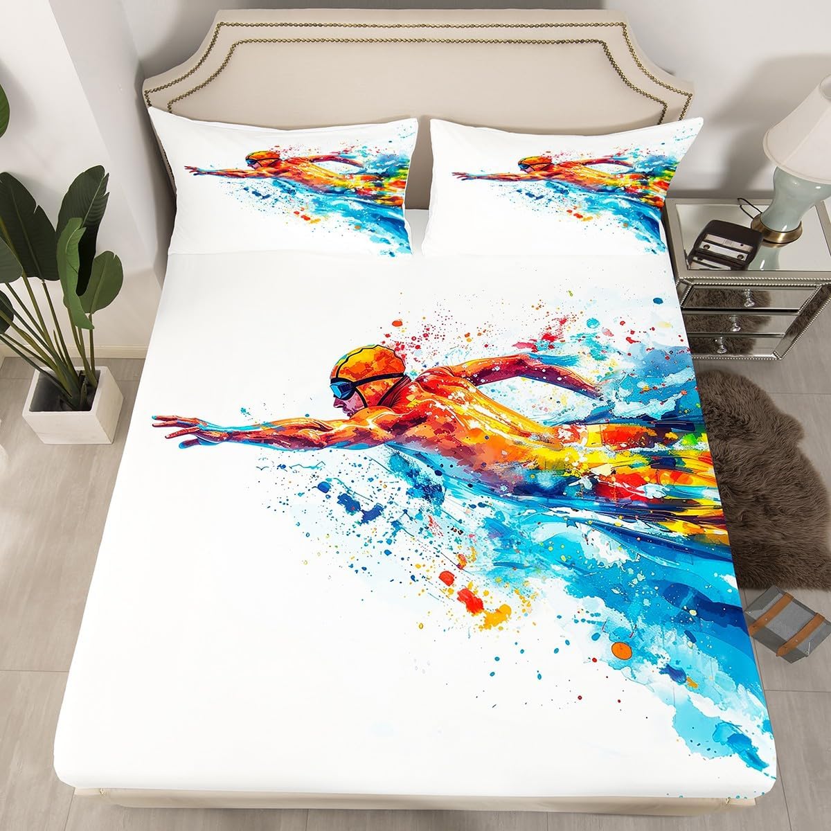 Erosebridal Swim Sports Fitted Sheet Summer Cool Swimming Full Size Bedding Set for Kids Boys Girls,Modern Fashion Relaxing Sport Swimmer Bed Sheets Colorful Tie Dye Swim Sheets