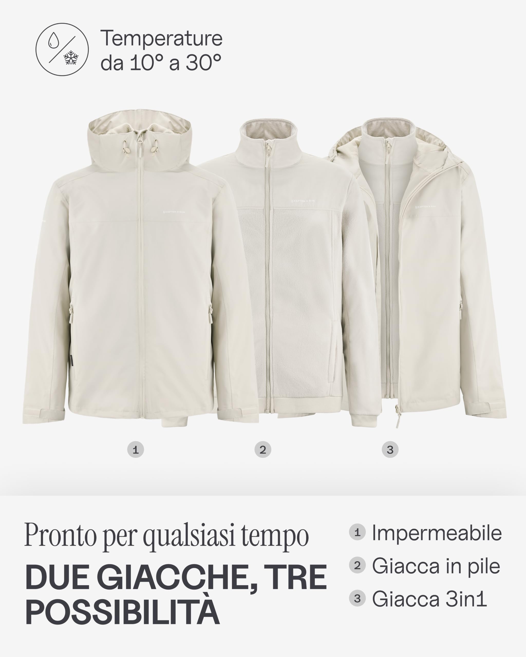 Kapten & Son Everyday 3in1 Giacca antipioggia Uomo e Donna | Giacca softshell con giacca in pile rimovibile | Giacca impermeabile con colonna d'acqua di 10.000 mm, traspirante, antivento