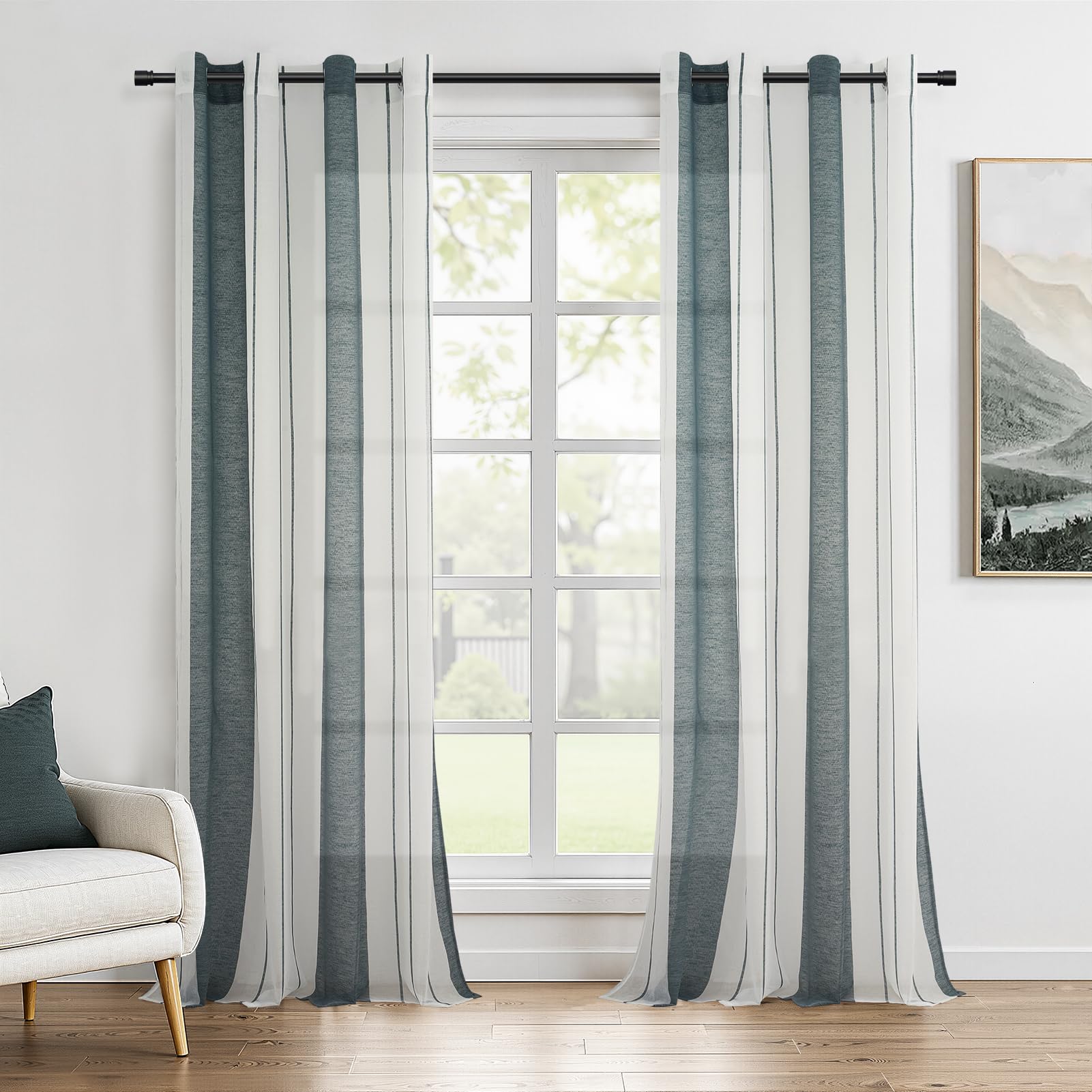 Topfinel Voile Grün Vorhang mit Ösen Halbtransparent Streifen Kurz Ösenschal Gardine für Kinderzimmer Schlafzimmer Wohnzimmer 225x140(HxB) cm 2er Set