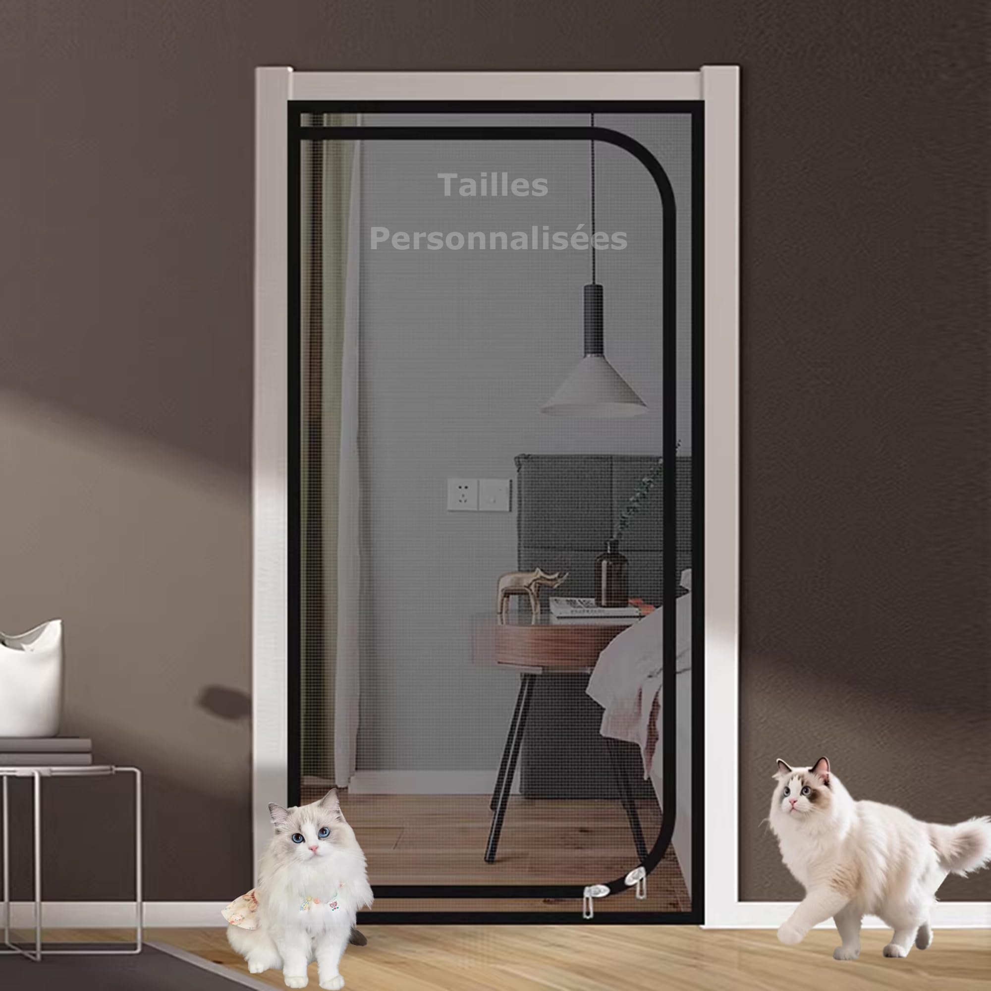Moustiquaire de porte pour chat avec fermeture éclair et rideau anti mouche