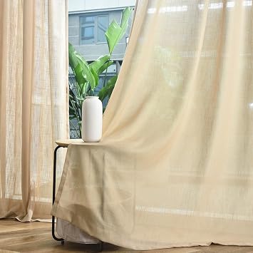 FINECITY Taupe Linen Curtains 63 Inch Length for Bedroom, 2 Panels Privacy Window Semi Sheer Curtain Burlap Look, Light Filtering Farmhouse Cottage Decor Back Tab Linen Drapes, 42 x 63 Inch, Tan