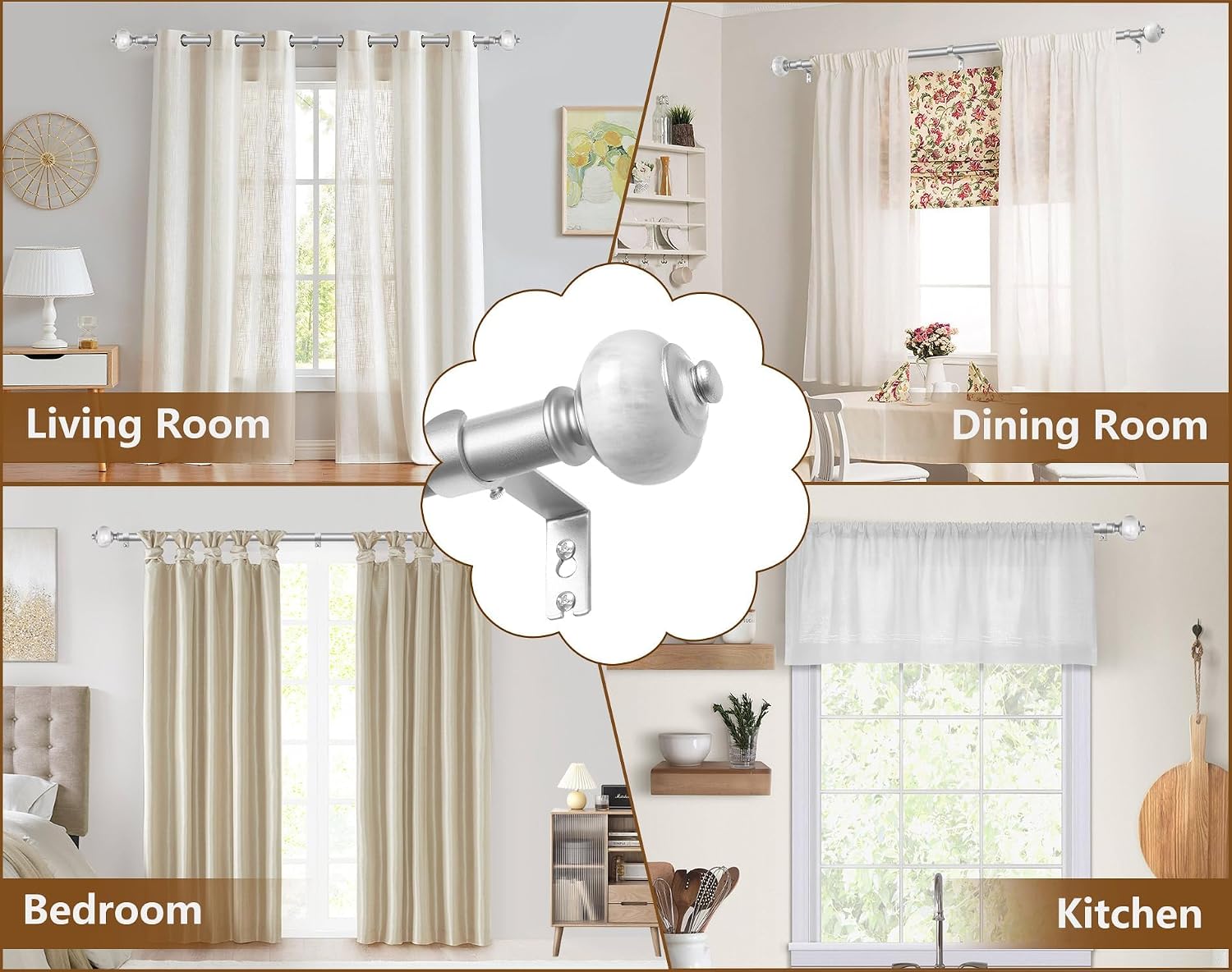 KAMANINA Bundle of 32-144" Silver Single Curtain Rod with Marble Ends and White Curtain Rings with Clips 20 Pack, with Interior Diameter 1.5 In image 3