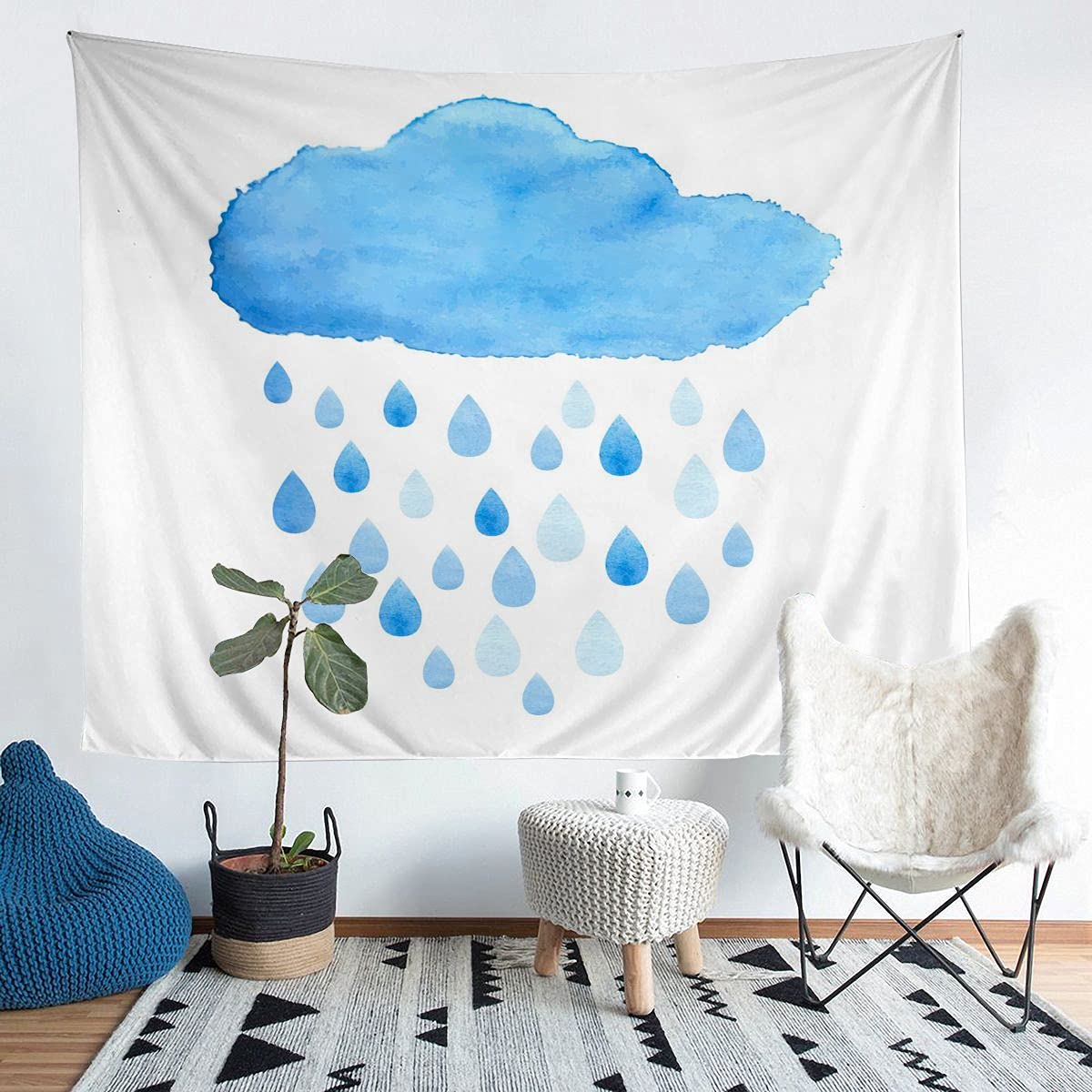 Homemissing Nature Tapestry Kids Teens Blue Cloud Rain Drops Wall Tapestry Watercolor Painting Fun Art Wall Art for Bedroom Living Room,Large 58x79 Inch