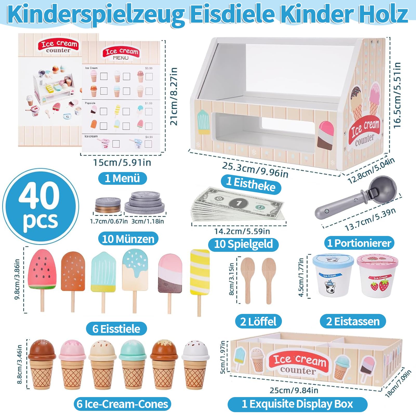Eisdiele Kinder Holz, Kinderküche Zubehör ab 3 Jahre, Holzspielzeug Spielküche Zubehör, Eisladen Kinder Holz Einkaufsladen, Montessori Spielzeug Weihnachten Kinderspielzeug für Jungen Mädchen