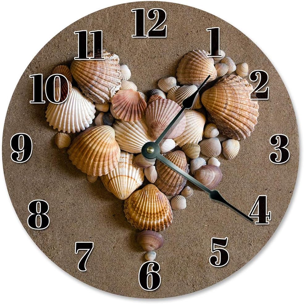 SEA Shells Beach Clock Large 10.5 in Beach House Decoration, Beach Themed Wall Hang Clock Heart Shaped Shells