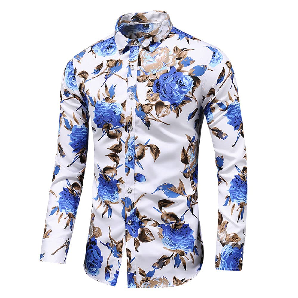 HGJH Hawaii Hemd, Herrenhemd Langarm Blau Rosen Blumendruck Hawaiihemd Kuba-Kragen Weiß Langarm Button Down Weiches Strandhemd Henley Shirt Für Herren Jungen