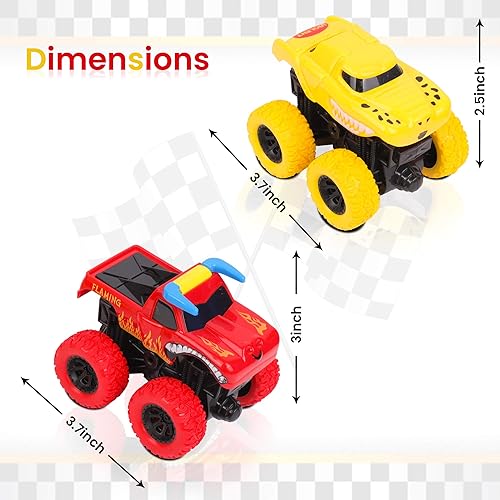 Miniatura 6 de Kidstech Super Friction Monster Trucks con rampa abatible de 360 grados, juego de 2 autos con ruedas grandes Push N Go para niños a partir de 3 años