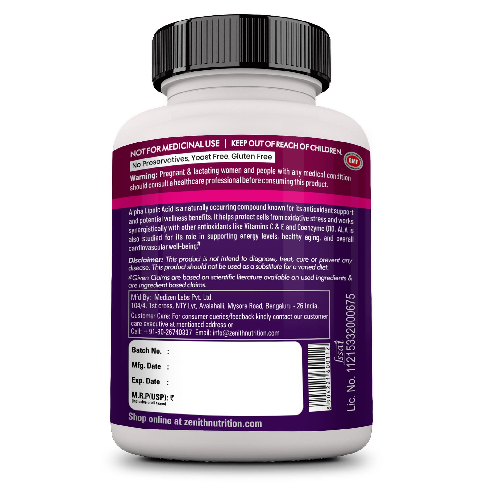 Zenith Nutrition Alpha Lipoic Acid 300Mg - 120 Capsules