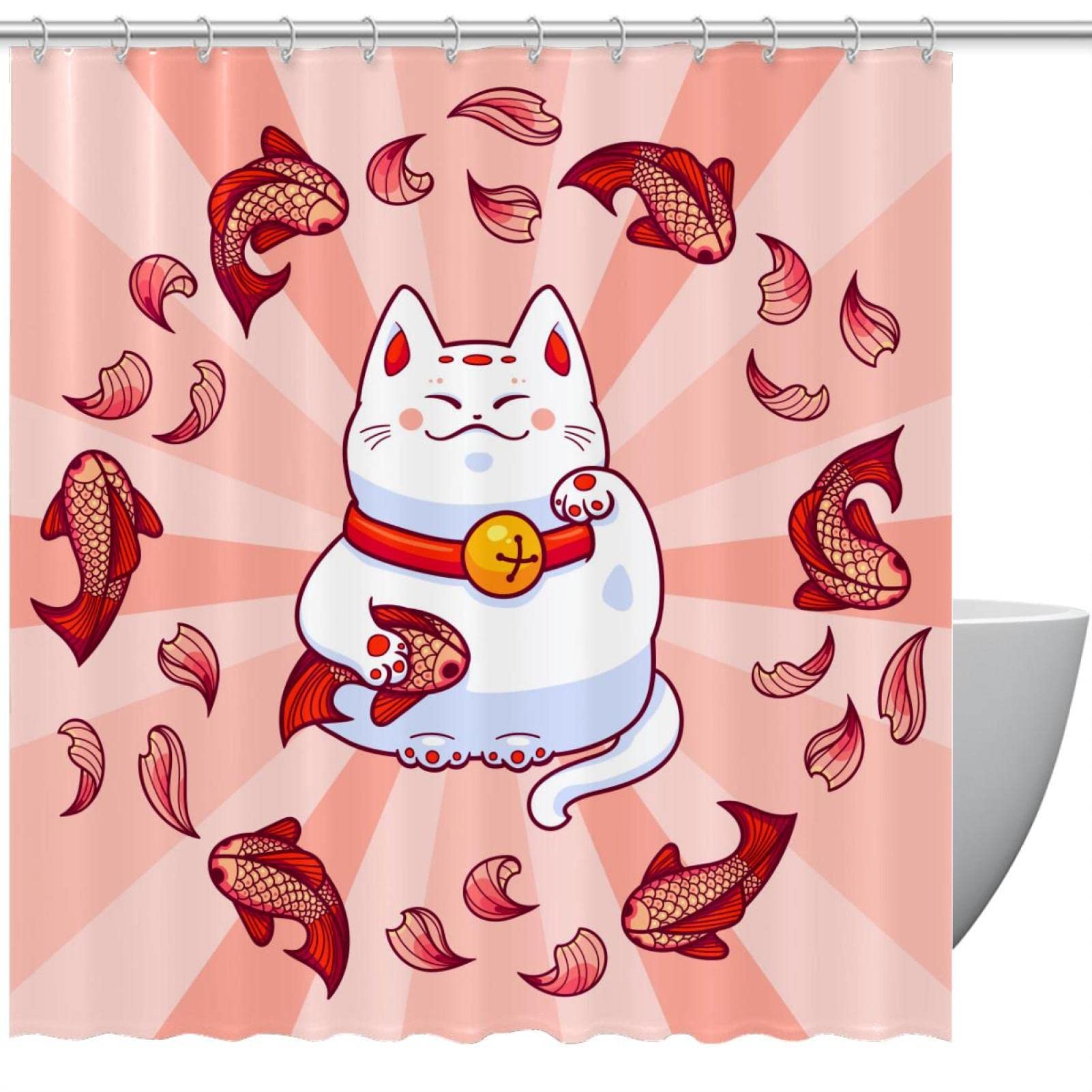 Rideau de douche étanche rose 168x183cm motif chat avec anneaux