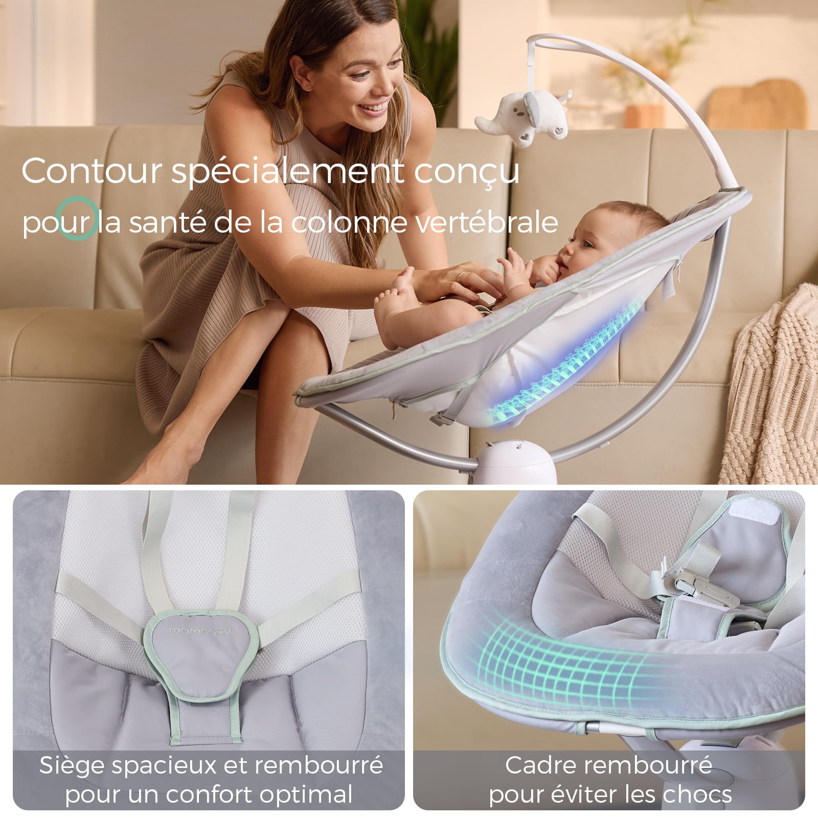 Momcozy CocoSway Balancelle Bébé Électrique, 3D-Motion, Télécommande, Gris | 6 Modes, 4 Vitesses, Siège Pivotant 180°, Transats, Balançoires, Nourrissons, Tout-petits, 5 Harnais, Berceuses