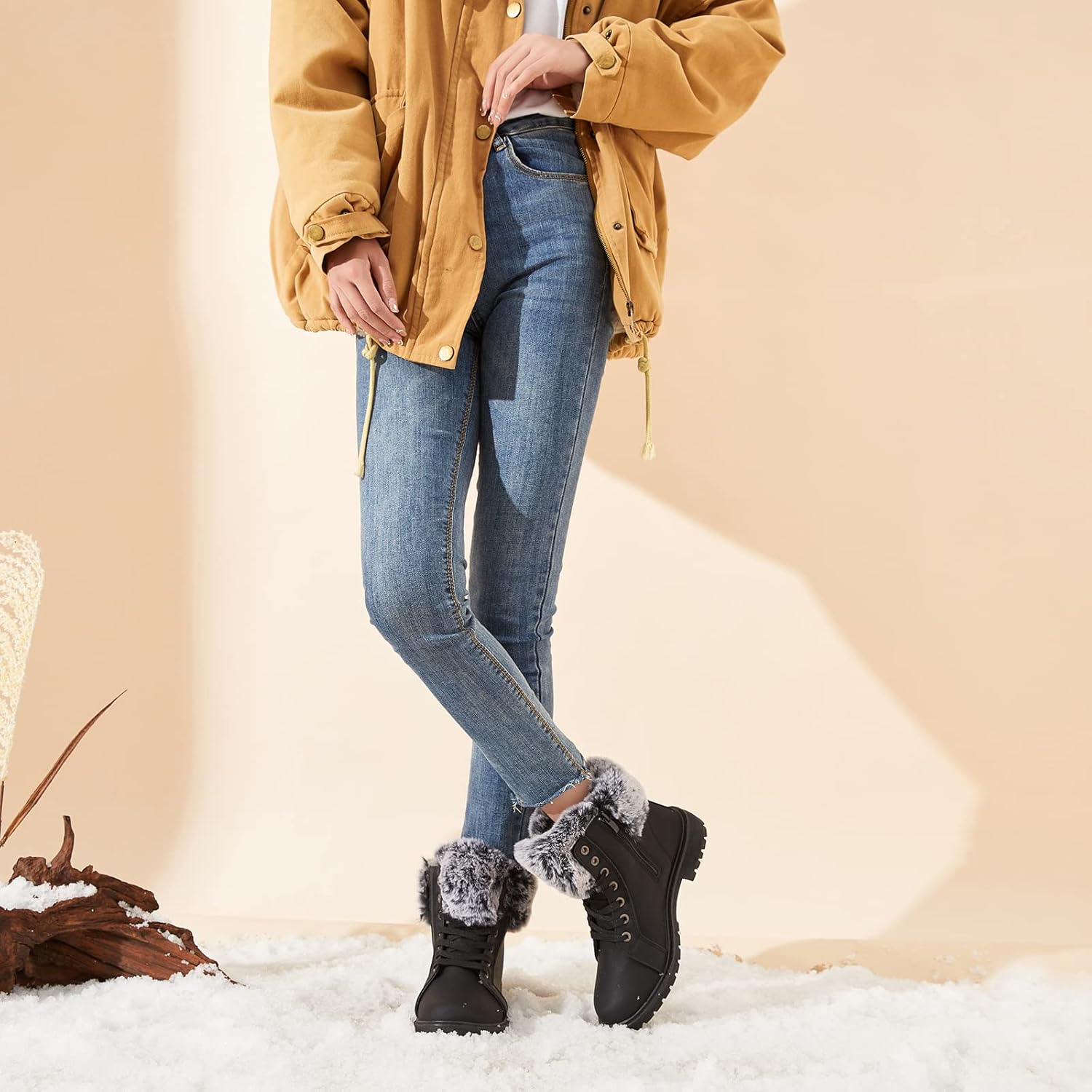 yegeyan Womens Snow Boots PU Winter Ankle Booties Fur Lined Anti-Slip Combat Boots - Image 2