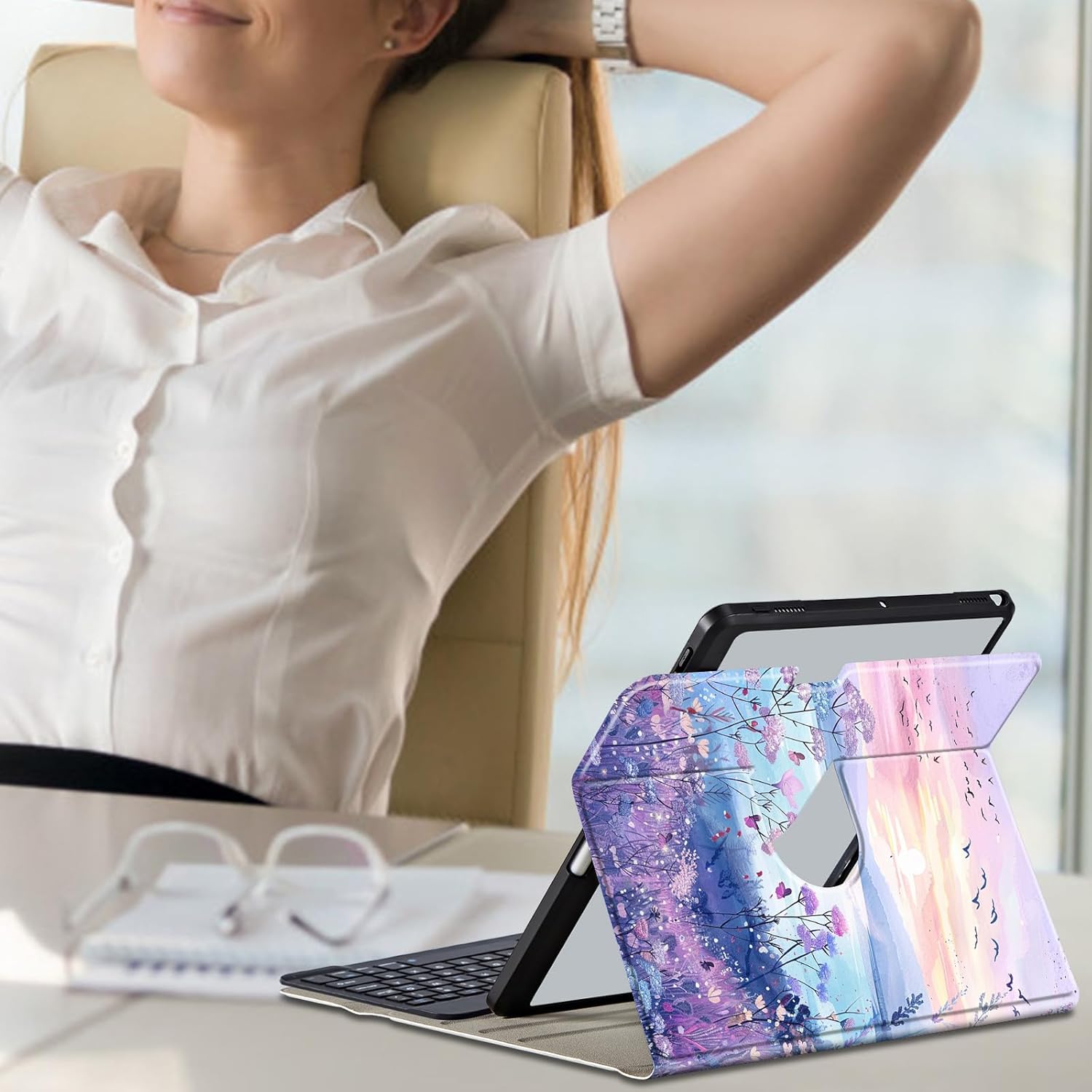 Keyboard Case for iPad Pro 12.9 inch 6th Generation 2022,for iPad Pro 12.9" 5th Gen 2021/4th Gen 2020 Case with Keyboard & Pencil Holder,Clear Rotate Stand for iPad 12.9 Pro Case,Watercolor Flowers