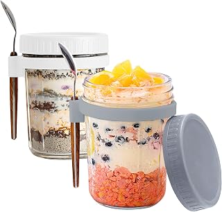 FePen Overnight Oats Jars, 2 Piezas 350ML Frascos de Vidrio con Tapa, Porta Yogur, Taza de Cereales para Llevar, Tarros de Avena Nocturna con Tapas y Cuchara,Vaso Portátil de Yogurt