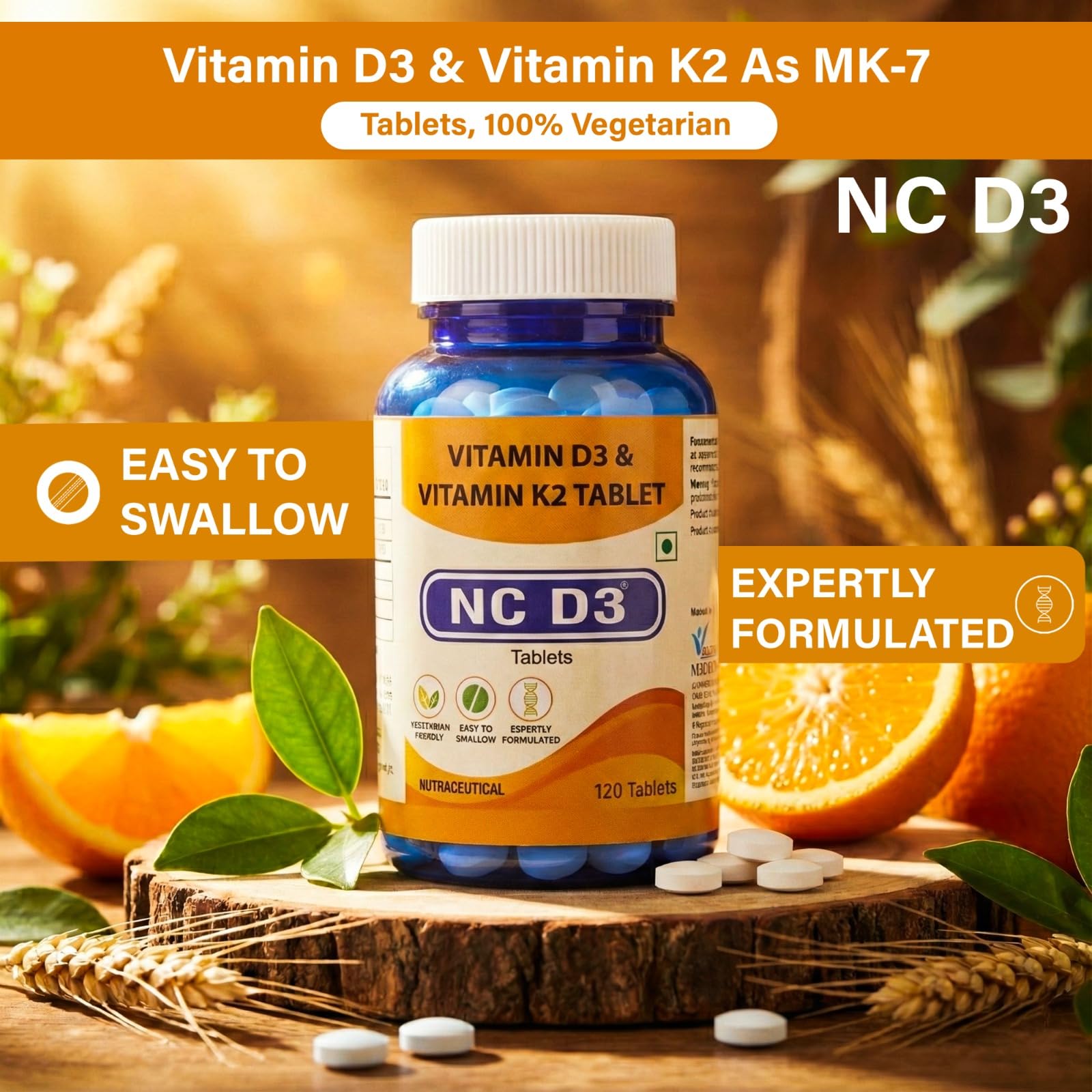 Nexchem NC D3 Vitamin D3 + K2 (MK-7) Tablets | 600 IU Vitamin D3 + 55 mcg K2 | Supports Bone, Heart Health & Immunity | 100% Vegetarian | 120 Tablets — Amazon image 3