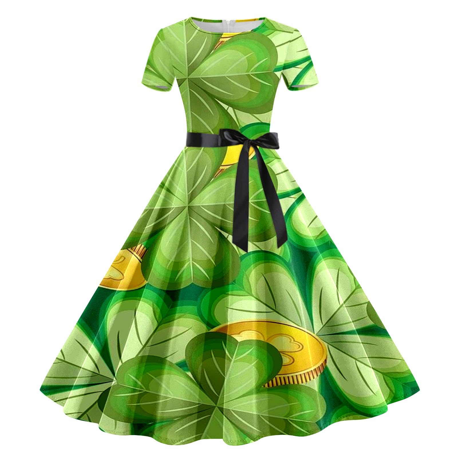 Womens St Patricks Day Fancy Dress Leprechaun Costumes Ireland Irish Shamrock Print Dress Saint Patricks Day Green Irish Outfits Gown Cocktail Green Sleeveless Paddy's Fancy Dres Party