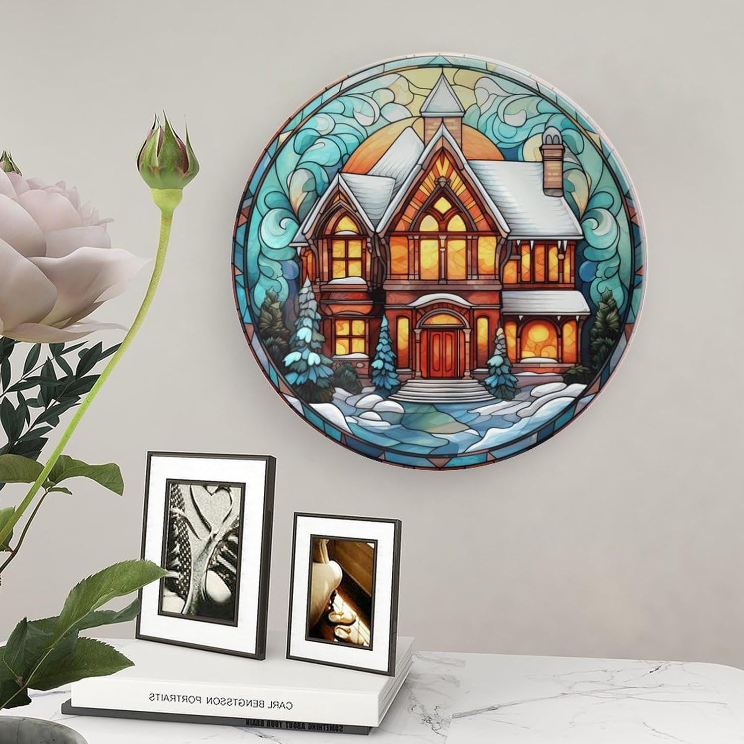 Xmas Decorative Plates, Winter House and Pine Tree Display Plate for Home Office Kitchen Table Decor, Stained Glass Painting Porcelain Plates Xmas Ornament 8 Inch