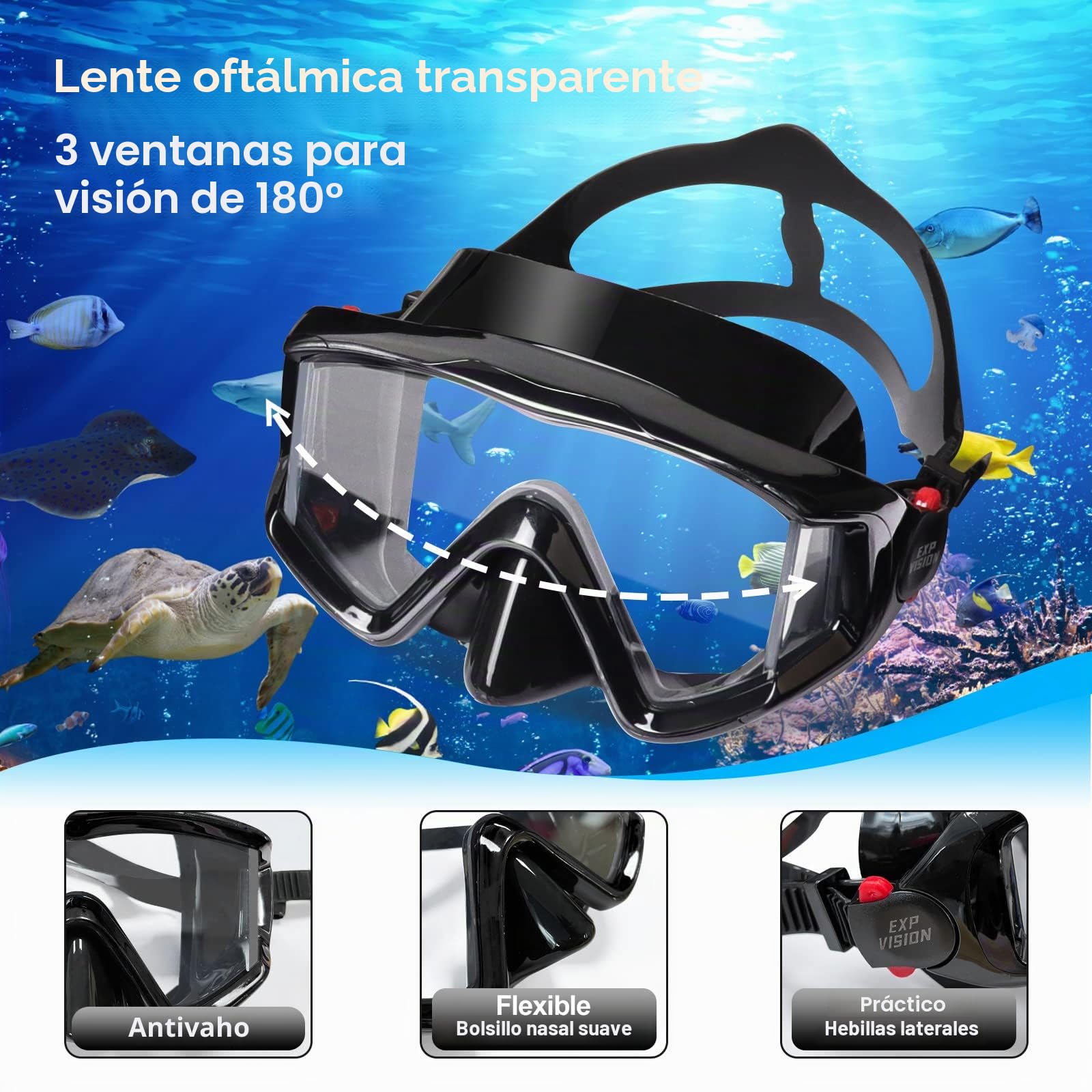 Conjunto de Tubo Seco, Máscara de Buceo Pano de 3 Ventanas, Gafas de Buceo y Tubo Antiempañamiento, Equipo Profesional de Máscara de Buceo con Tubo para Adultos (A-Negro)