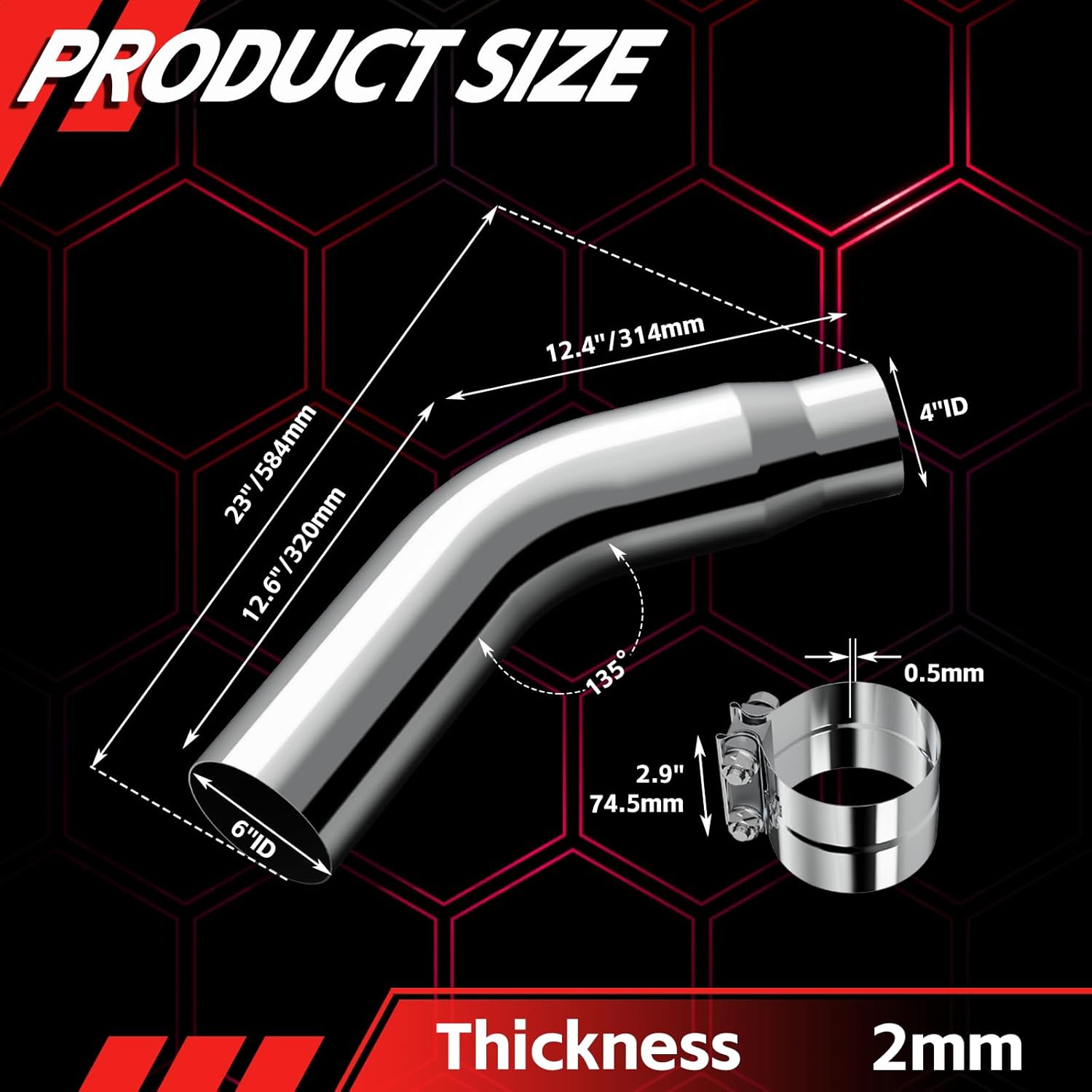 LCGP 4" Elbow Exhaust Tip with a Clamp, Chrome Electroplated Exhaust Pipe 4" Inlet 6" Outlet 23" Length Turndown Diesel Exhaust Tip