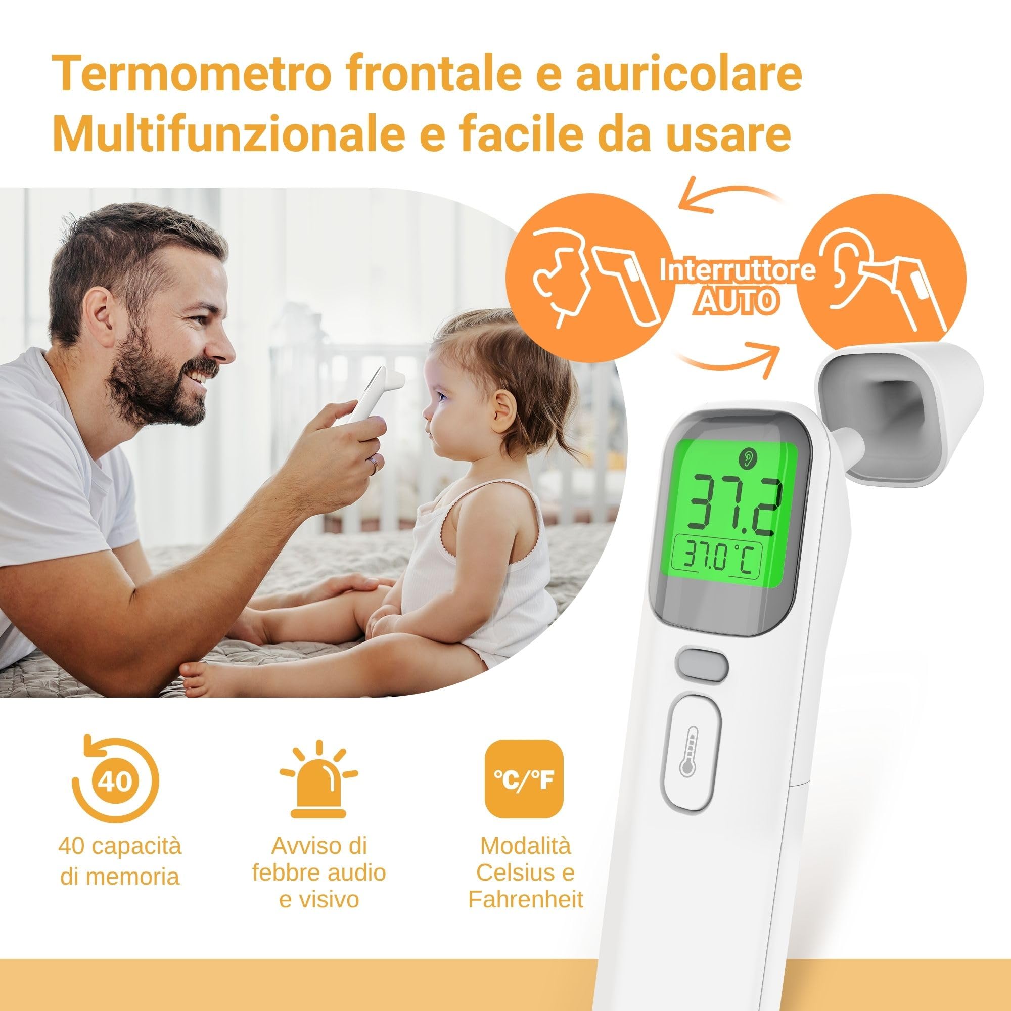 FORA Thermomètre Auriculaire et Frontal pour Bébé, Enfant et Adulte – Multi-Fonction Digital avec Indicateur de Fièvre, Mode Silencieux, Mémoire, Affichage 4 Couleurs – Compact et Hygiénique