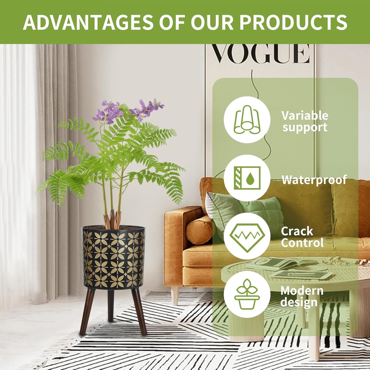 12 Inch Planter Pot with Stand, Planter for Indoor Plants, Drainage Holes and Rubber Plug, Modern Mid-Century Flower Planter Pot for Home Garden Patio, Black and Gold