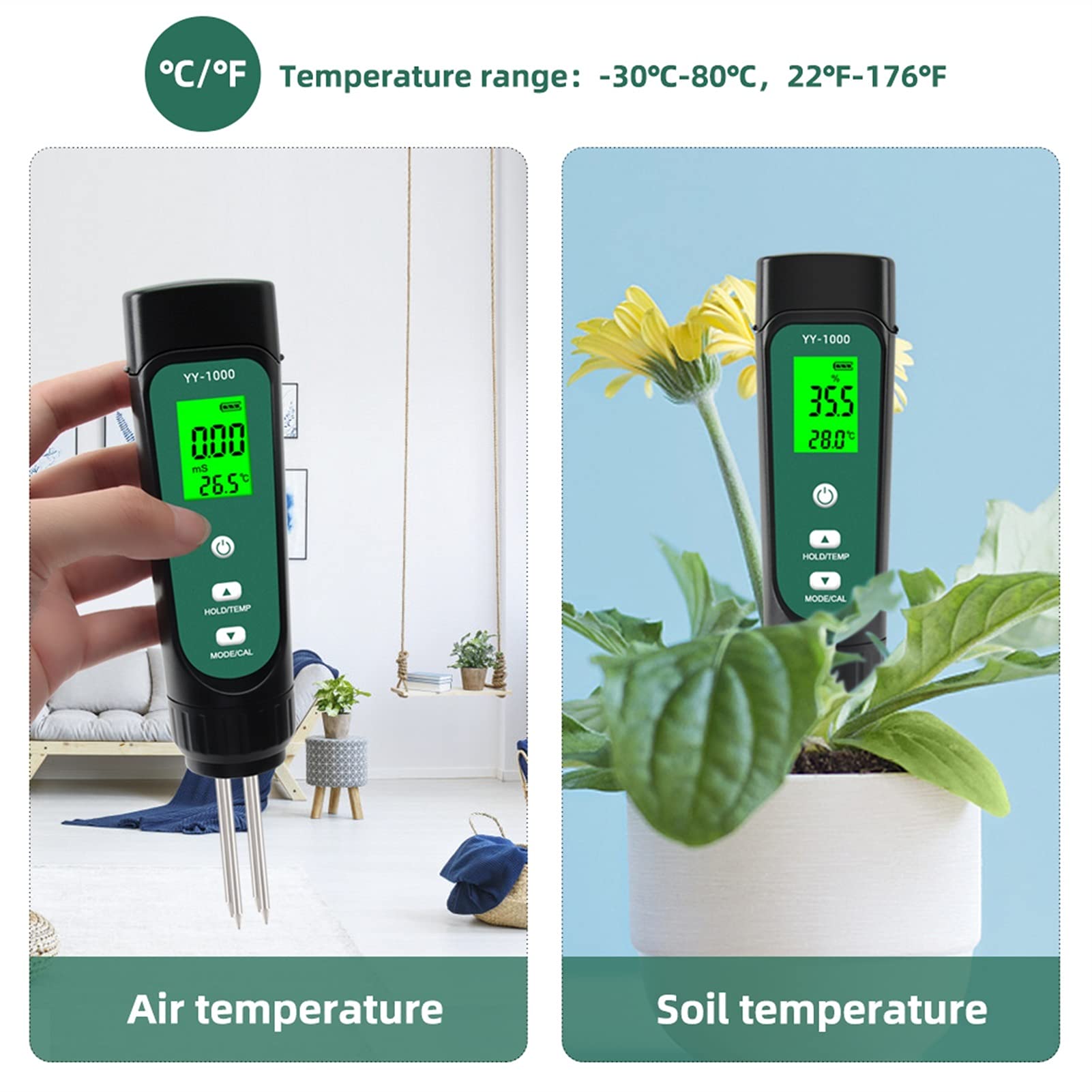 3 in 1 Misuratore di umidità del tester di umidità del misuratore di umidità del tester del tester di umidità del display Rimuovere gli analizzatore del test delle sonde for la piantatura dello strume