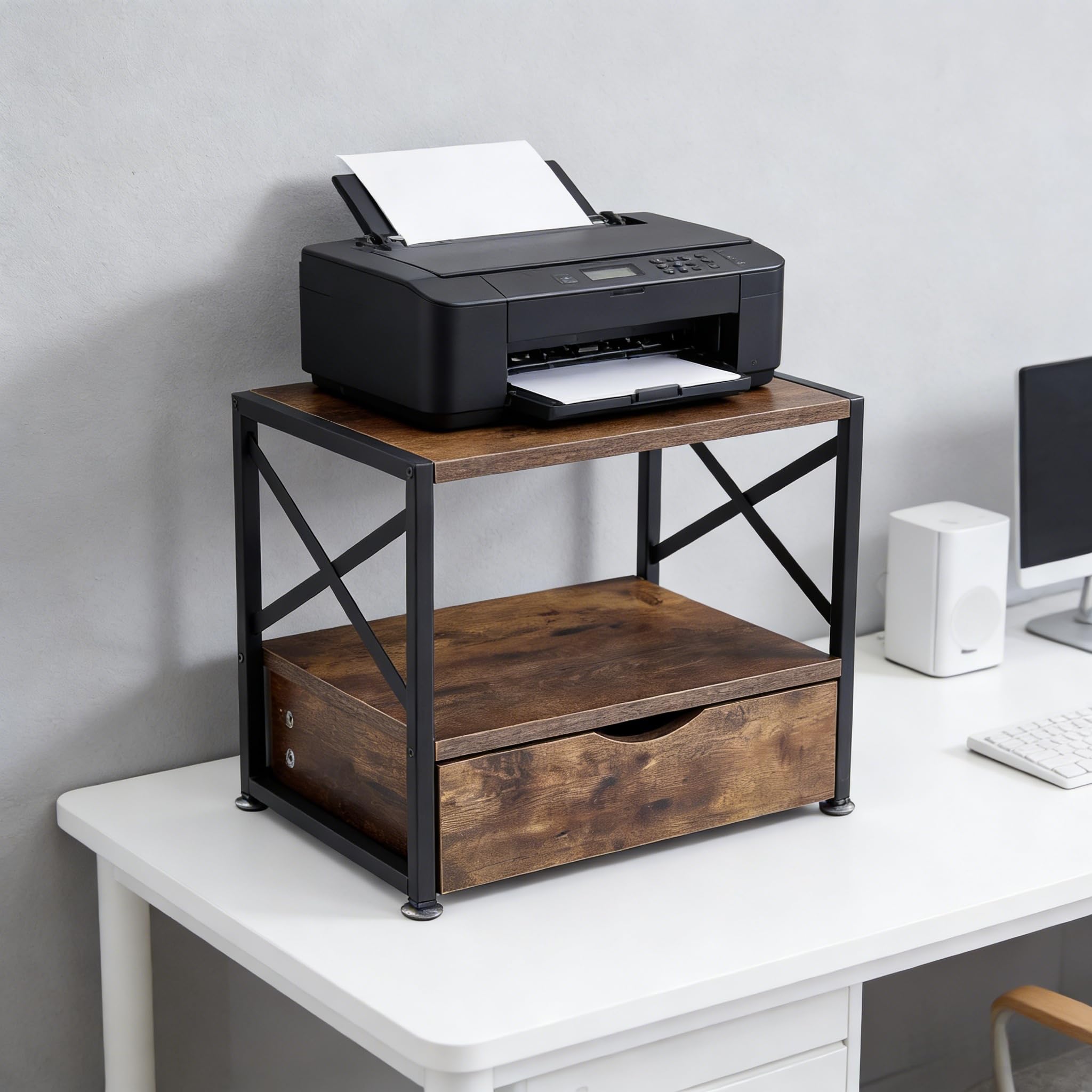 Panana Desktop Printer Stand,2-Tier Office Storage Shelves,Kitchen Organizer with Storage Drawer (Rustic Brown)