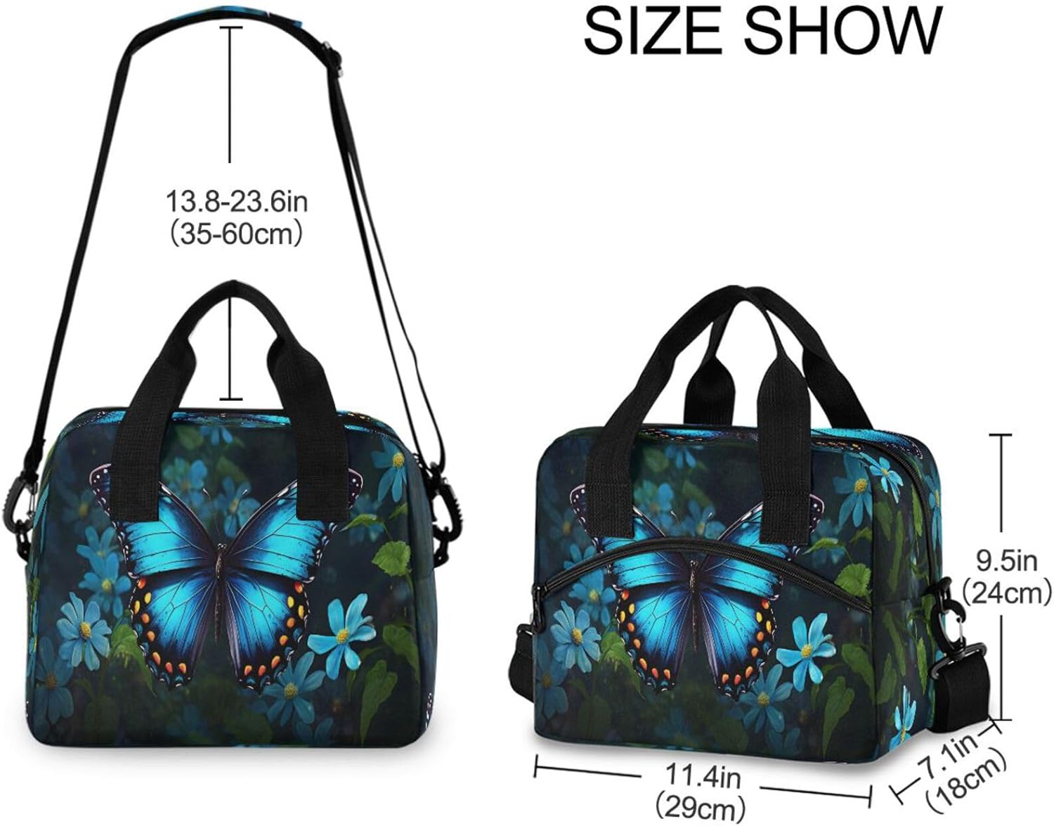 Blue Butterfly Flower Lunch Bag, Insulated Lunch Tote Bags Cooler Reusable Lunch Box Food Container with Adjustable Shoulder Strap for Women Men Adults