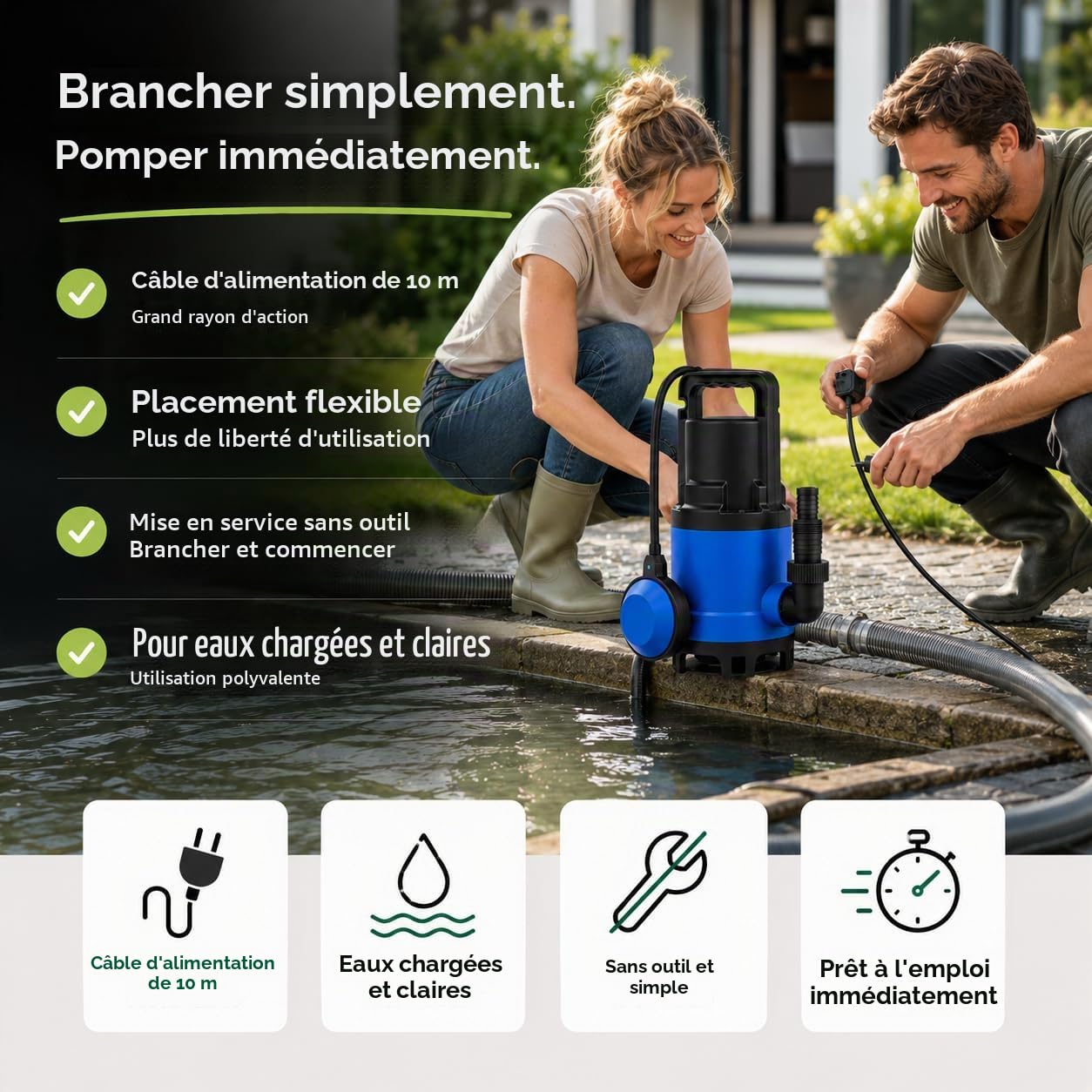 Pompe à eaux usées 7500 l/h avec 400 W – Hauteur de refoulement max. 5 m et profondeur de plongée 4 m, câble de 10 m, protection thermique, roue de course Noryl robuste – Pompe submersible
