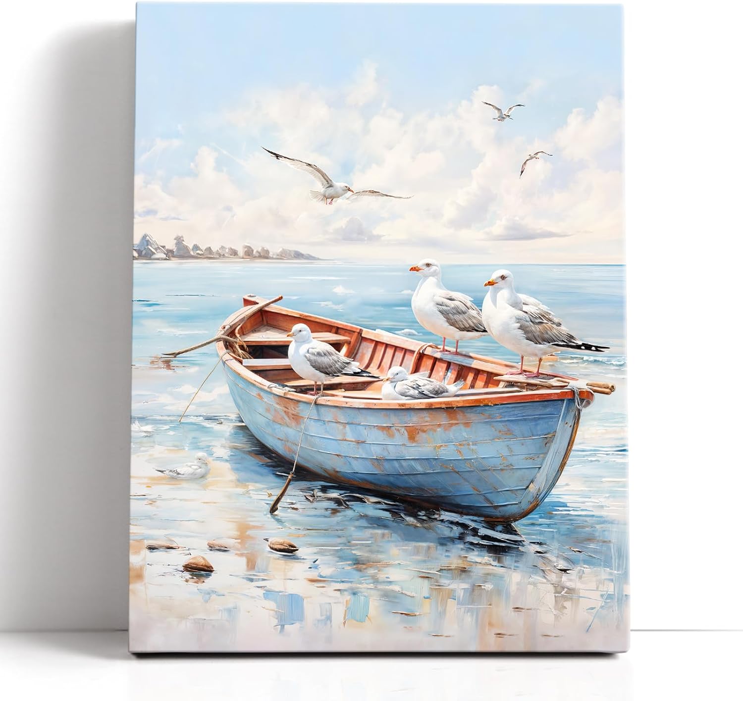 Beachy Wall Art Beach Décor Ocean Canvas Picture Coastal Artwork Seabird Boat Blue