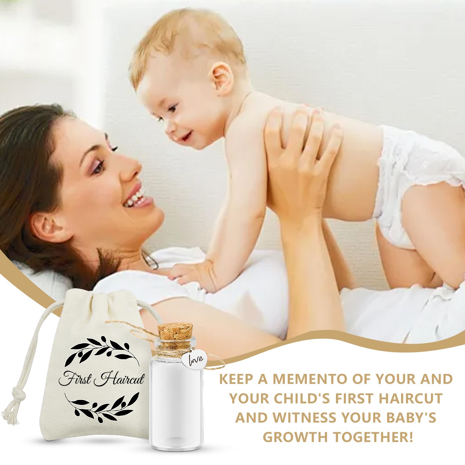 Bouteille Souvenir en Verre avec Bouchon en Liège pour Première Coupe de Cheveux de Bébé, idéale pour conserver les cheveux du fœtus et les commémorer, Coffret Cadeau (love)