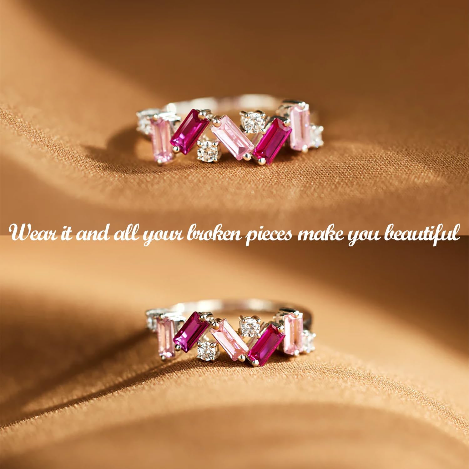 Nobody Has It All Together Pink Band Ring for women, S925 Plated with 14K White Gold Irregular Pink Self Love Ring, All Your Broken Pieces Make You Beautiful, Pink Jewelry Gift for women - Image 6