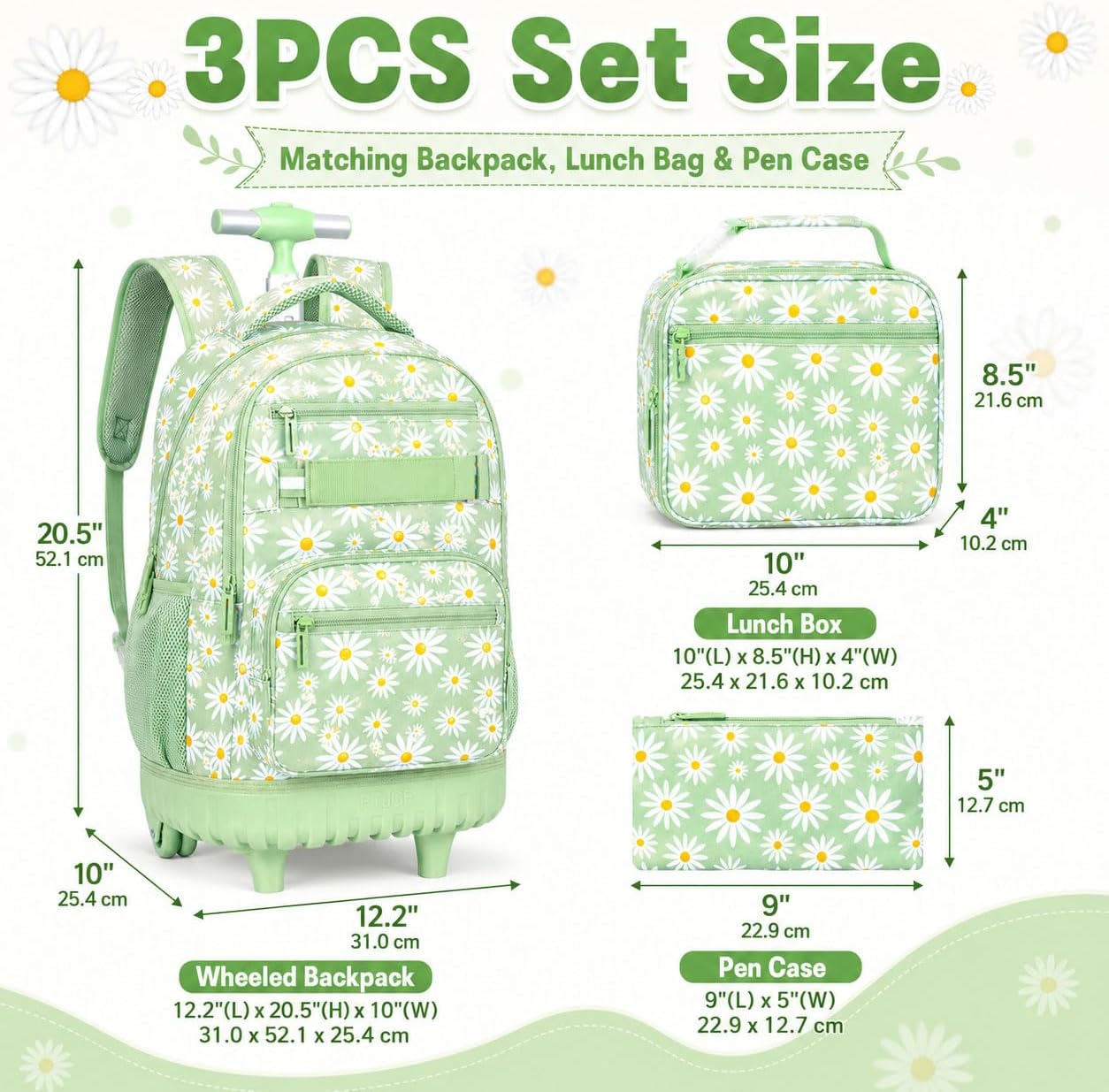 AGSDON Elegant Chrysanthemum Rolling Backpack Set – 20” Girls Roller Bookbag with Matching Lunch Box for Travel, Commute & School | Water-Resistant Fashion Wheeled Organizer in Flower Cyan image 4