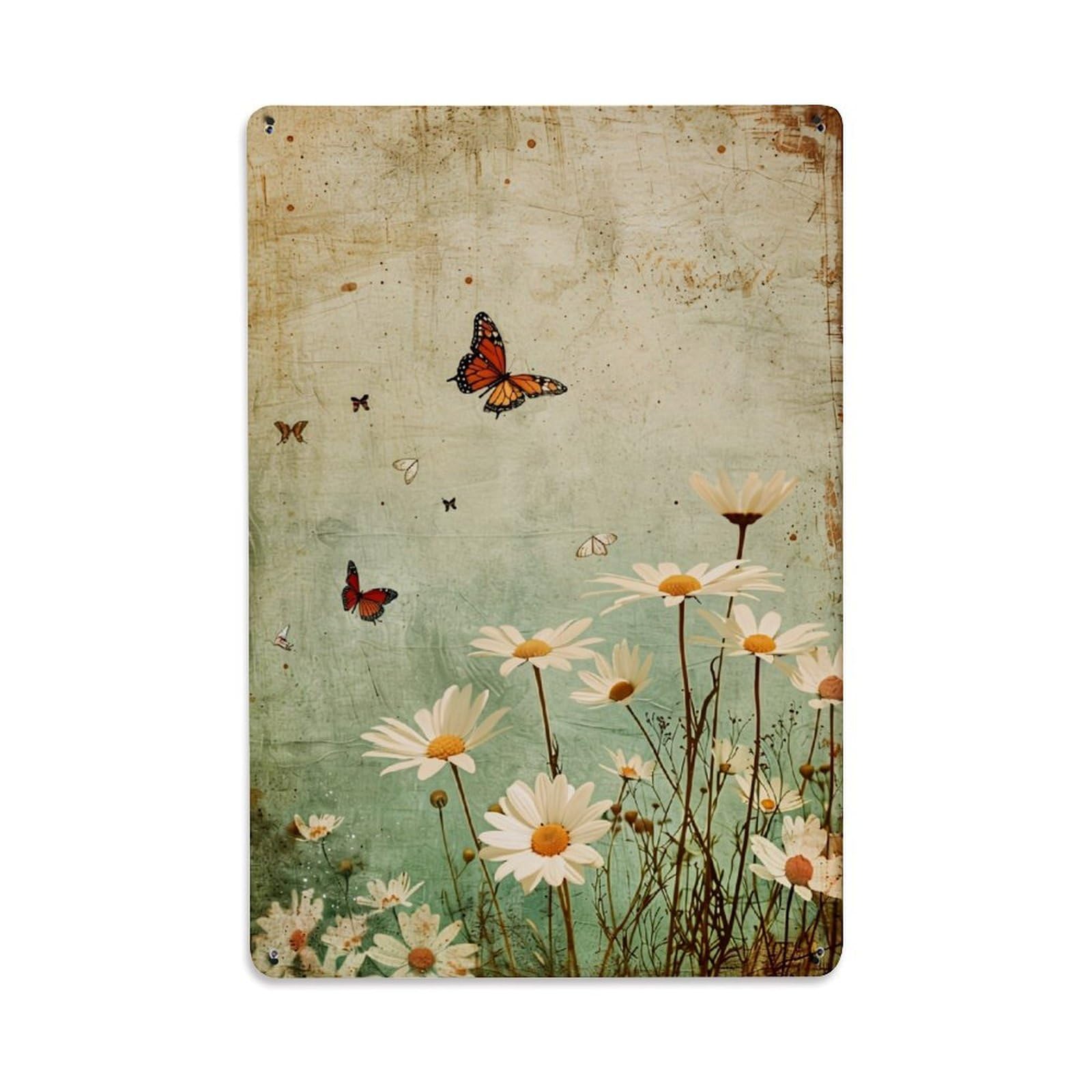 Nestemfo Vintage Butterflies And Daisies Pattern Tin Sign Metal Sign, Living Room,Bar, Home, Bedroom Wall Decor,Retro Metal Poster 8X12 Inches