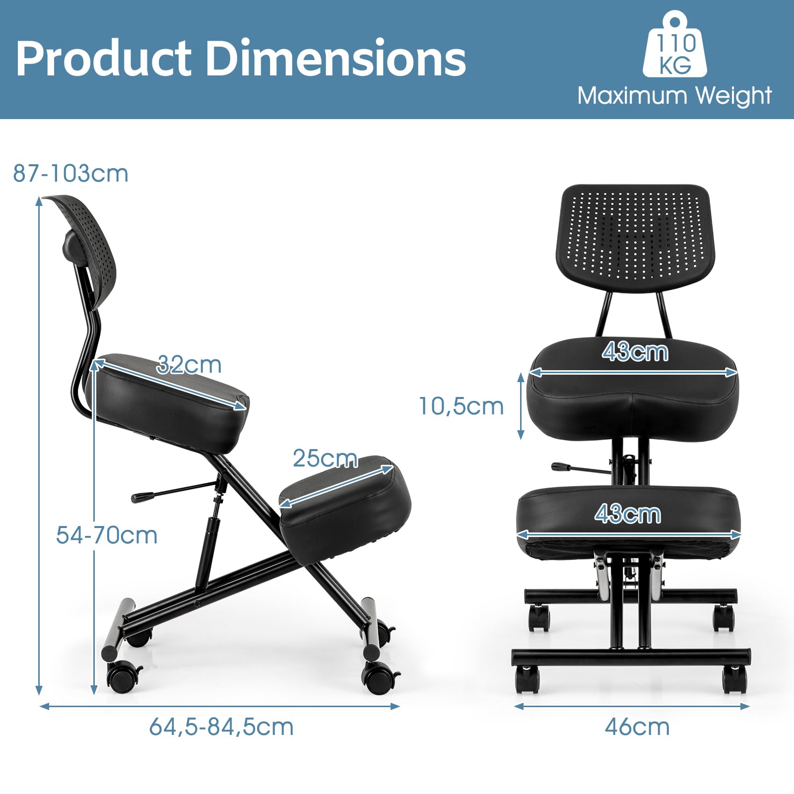 HOMASIS Genouillère Ergonomique, Tabouret à Genoux avec 4 roulettes & Freins, réglable en Hauteur, Chaise de Bureau avec Coussin d'assise épais, Pouf orthopédique Chaise d'ordinateur (avec Dossier)