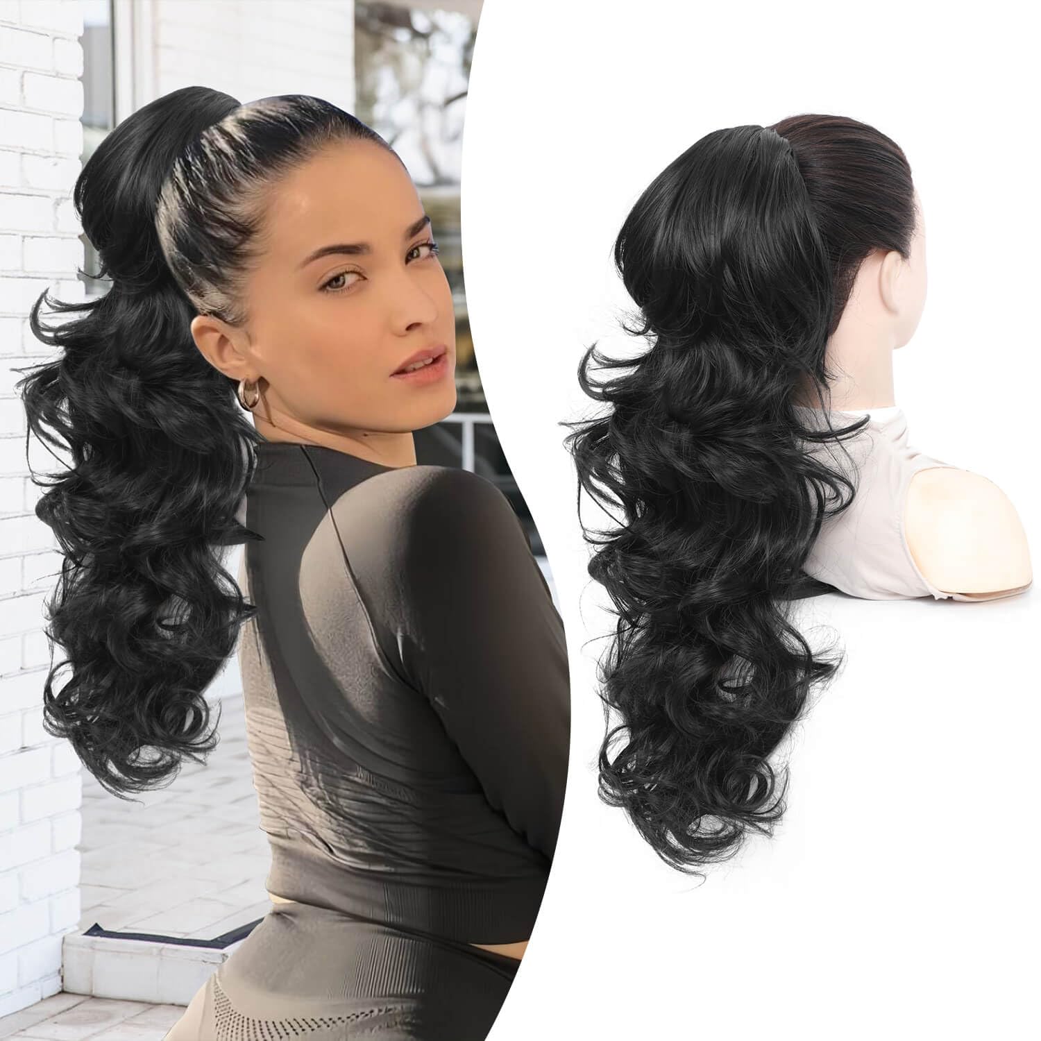 PEONYMEBEAUTY Ponytail Extension,Multi-layered Fluffy Thick Clip in Ponytail Hair Extensions 22" Long Wavy Curly Drawstring Ponytail Natural Soft Synthetic Hair Pieces for Women Clip in Black