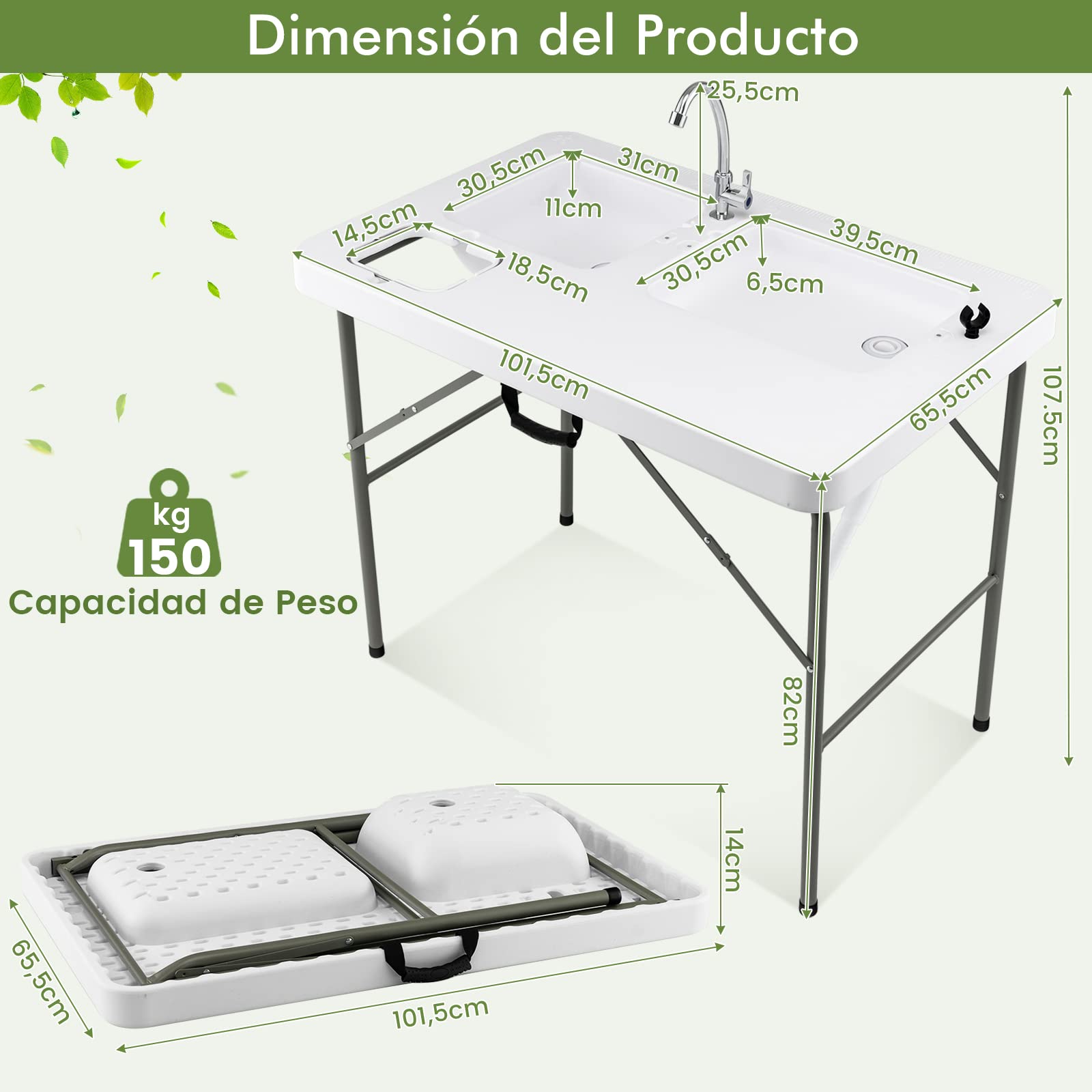 COSTWAY Mesa Plegable Camping, 2 en 1 Mesa+Estación de Limpieza, Grifo Giratorio 360°y 2 Fregaderos para Pesca, Picnic Portátil para Camping, Pesca, Barbacoa, 101,5 x 65,5 x 107,5 cm(Estilo 4)