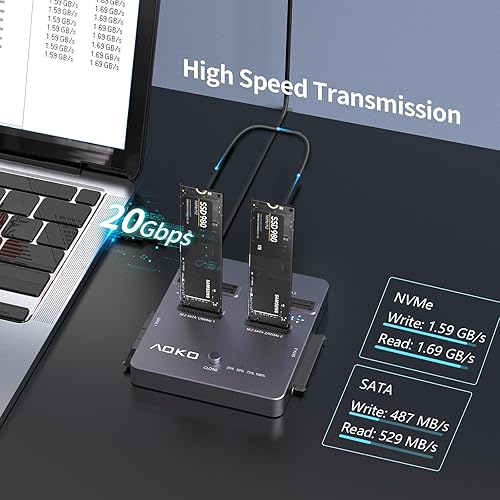 Miniatura 5 de AOKO Clonador SSD NVMe M.2, estación de acoplamiento de disco duro 4 en 1 de doble bahía, lector/clonador de discos duros para M.2 PCIE NVME+mSATA