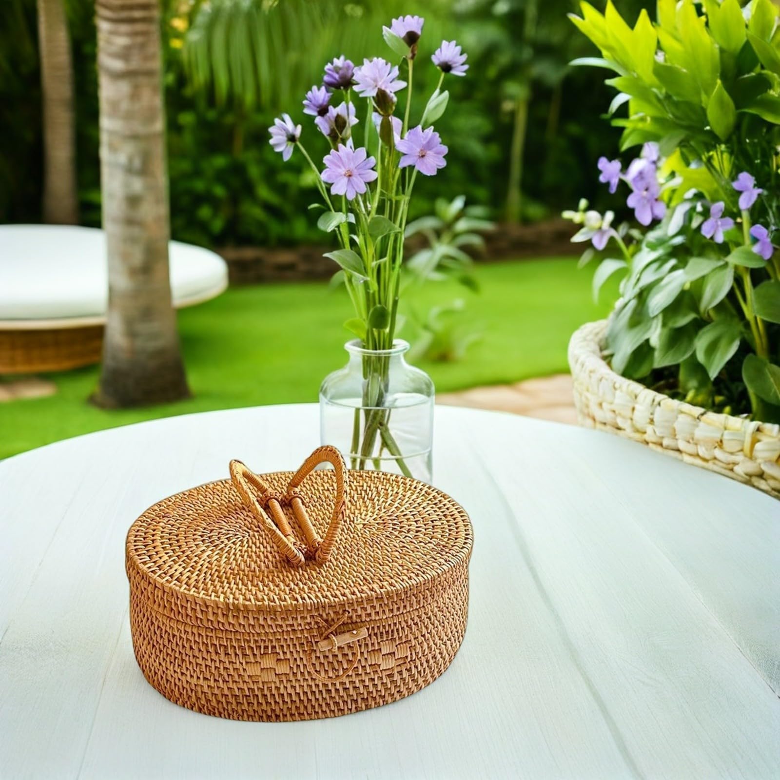Cesta de Ratán Ovalada con Asa para Picnic y Almacenamiento al Aire Libre, Gran Capacidad, Superficie, Estilo Boho Natural para Camping y Eventos