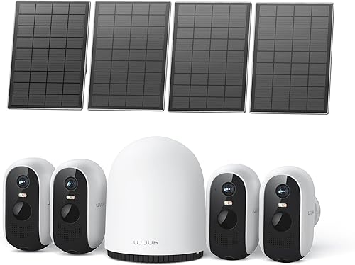 WUUK Cámaras de seguridad solar 2K inalámbricas para exteriores, sistema de seguridad para el hogar de 4 cámaras, visión nocturna a color,