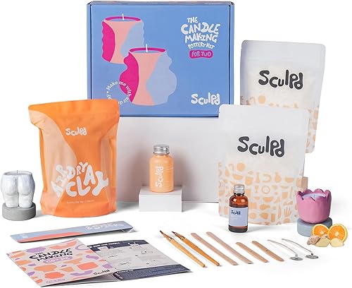 Sculpd Kit de cerámica para hacer velas para adultos con arcilla seca al aire y juego de pintura acrílica, cera de soja ecológica no tóxica, aceite