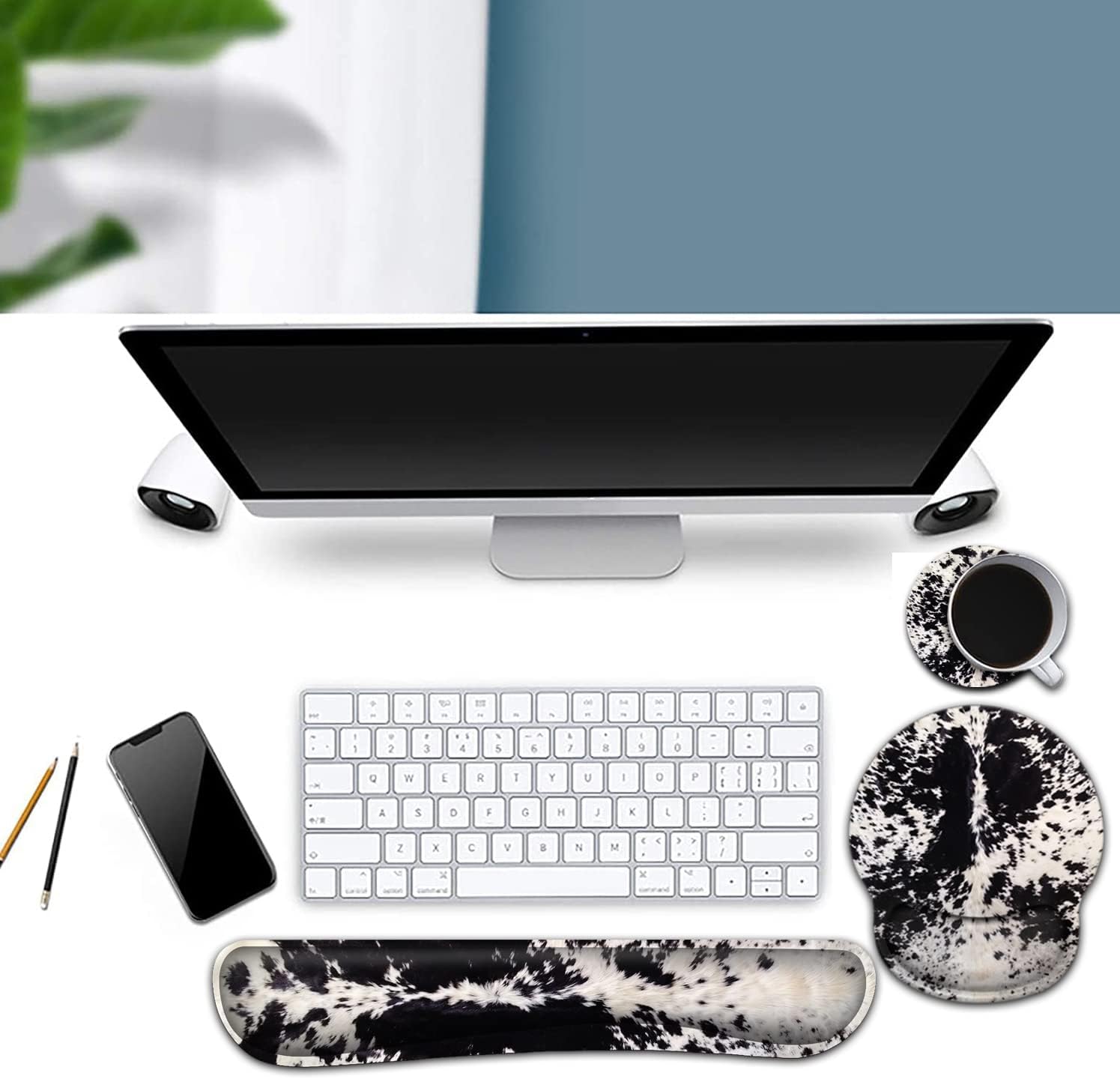 Ergonomic Mouse Pad Wrist Support and Memory Foam Keyboard Wrist Rest Set, for Gaming Computer Office Laptop Easy Typing Wireless Mouse Mat,Gel Gaming Cute Black & White Cowhide Fur Pattern Desk Pad