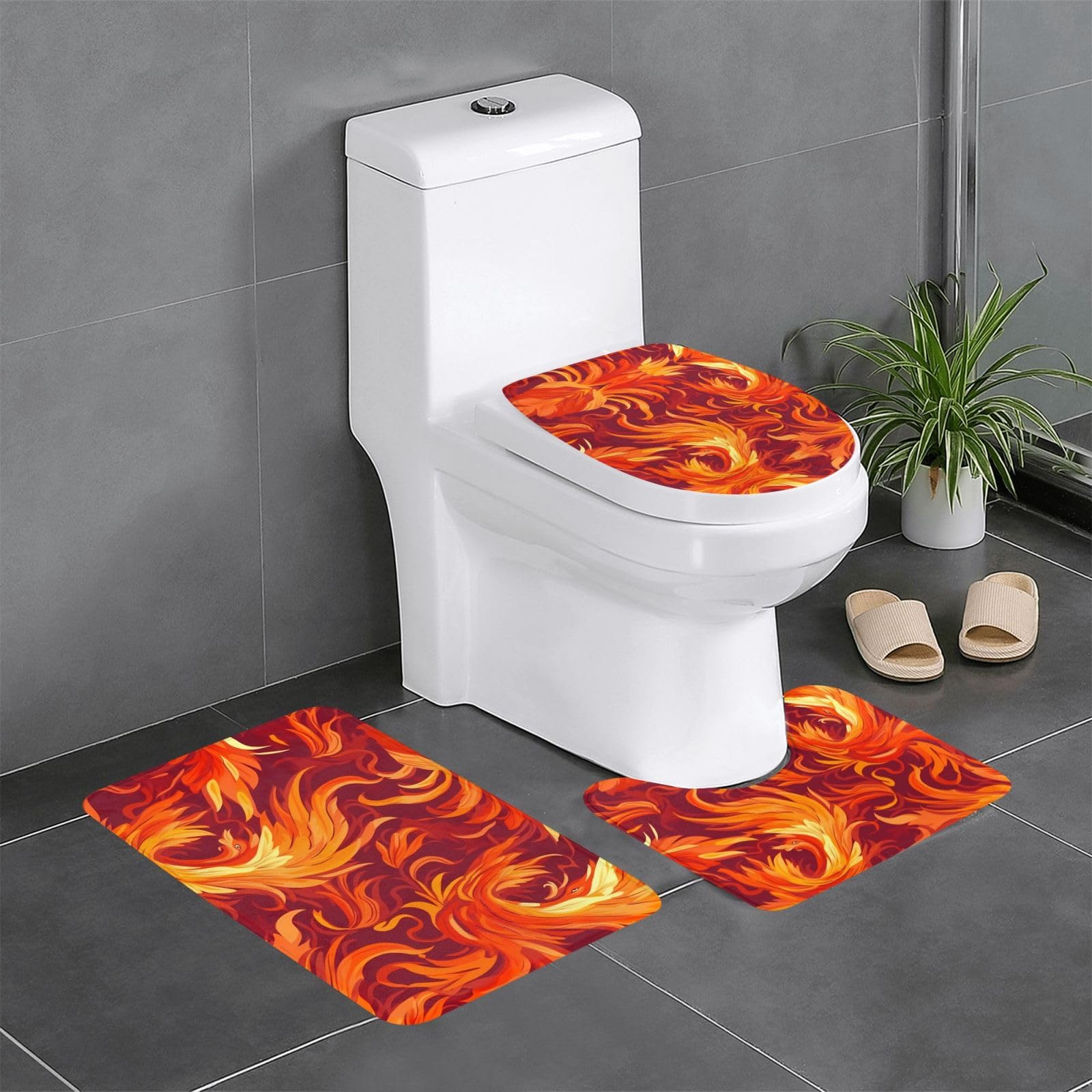 Tapis de salle de bain Phoenix contre les glissades lot de 3 tapis orange et rouge