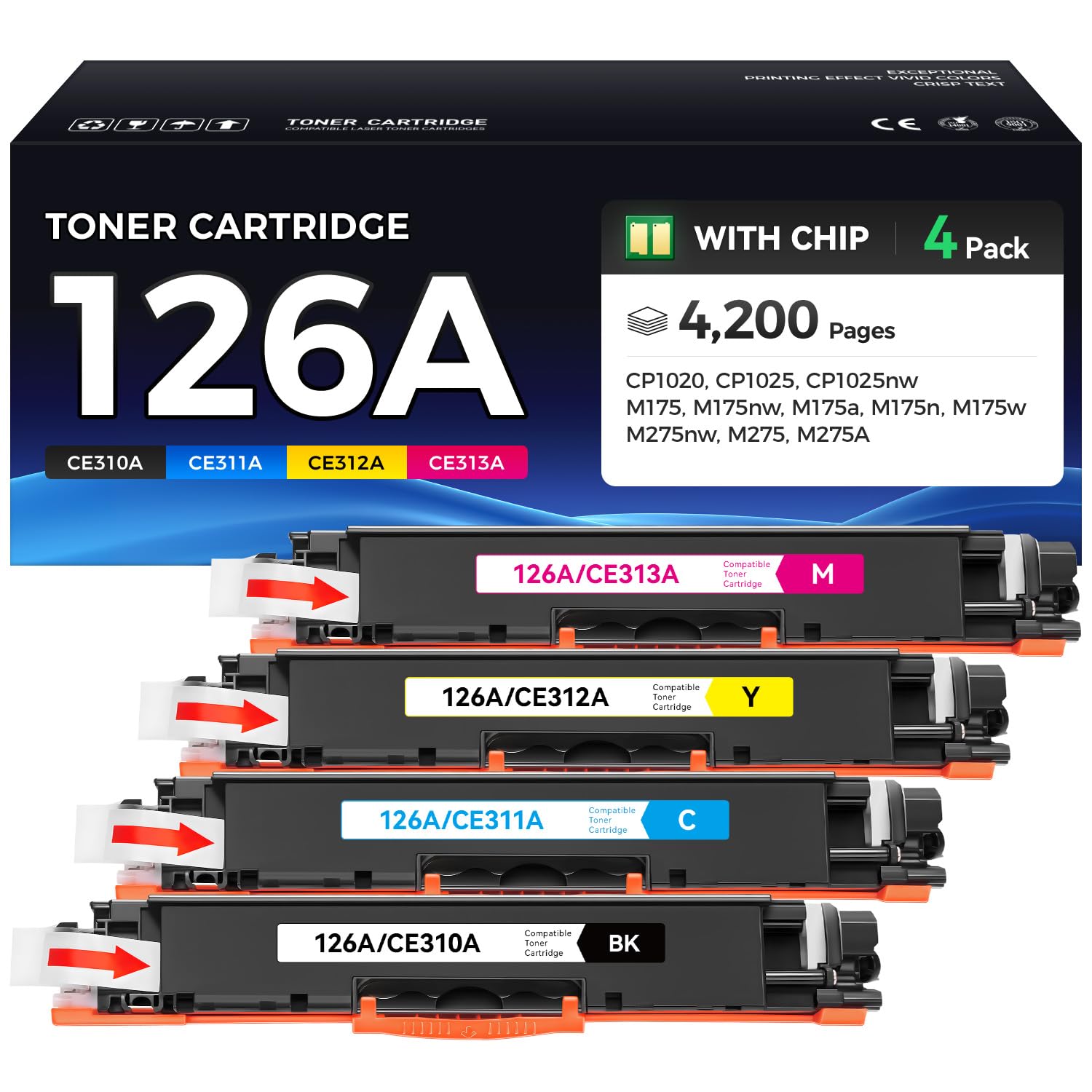 126A Toner Cartridge Set 4-Pack High Yield Replacement for HP 126A CE310A CE311A CE312A CE313A Compatible for HP LaserJet Pro 100 color MFP CP1025 CP1025nw M175nw TopShot M275 Printer Ink Black Copier