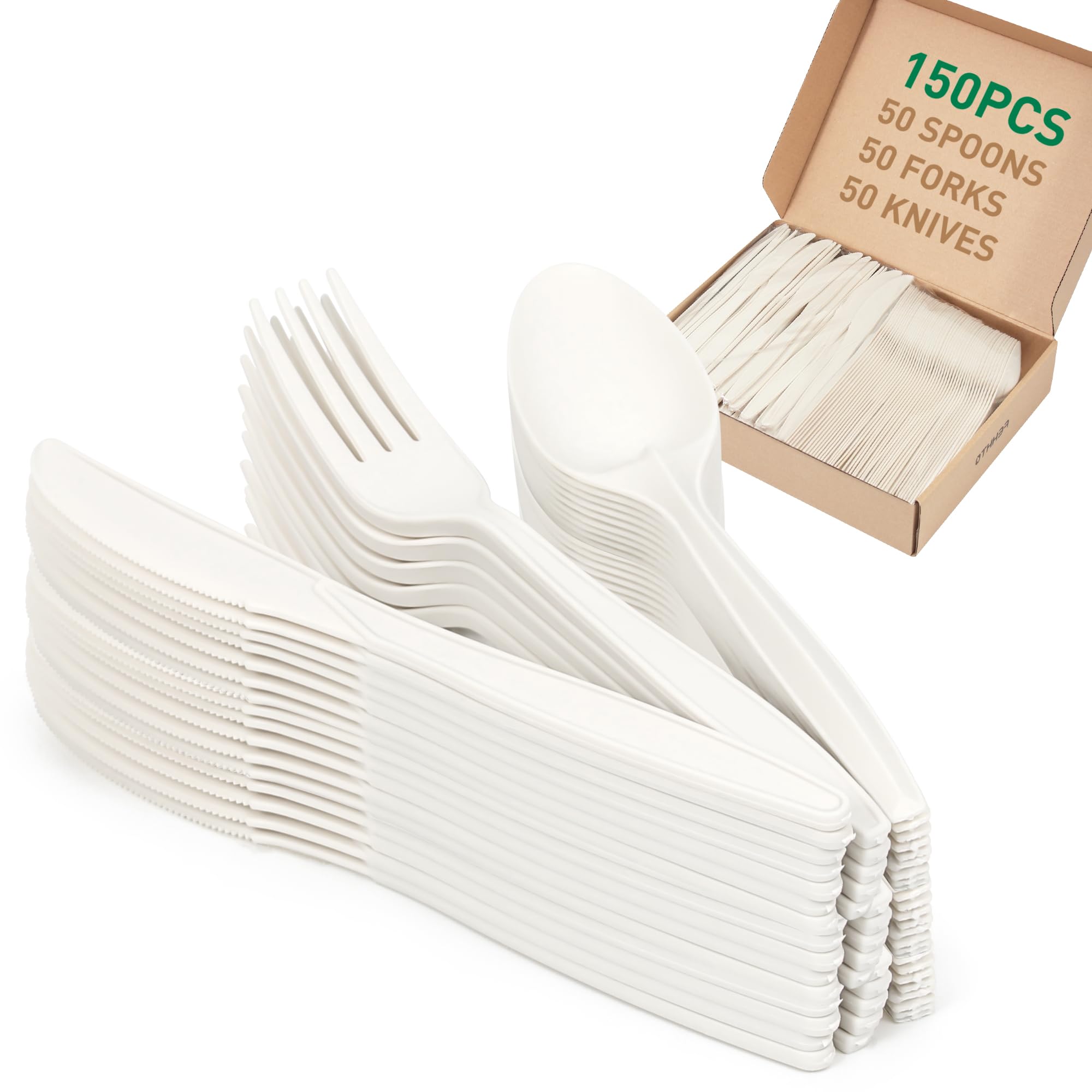 100% Compostable Cutlery Set,150pcs (50 Forks,50 Spoons,50 Knives) Disposable Cornstarch Utensils Heavy Duty BPI Certified Eco-Friendly Party Supplies No Plastic, Ivory White