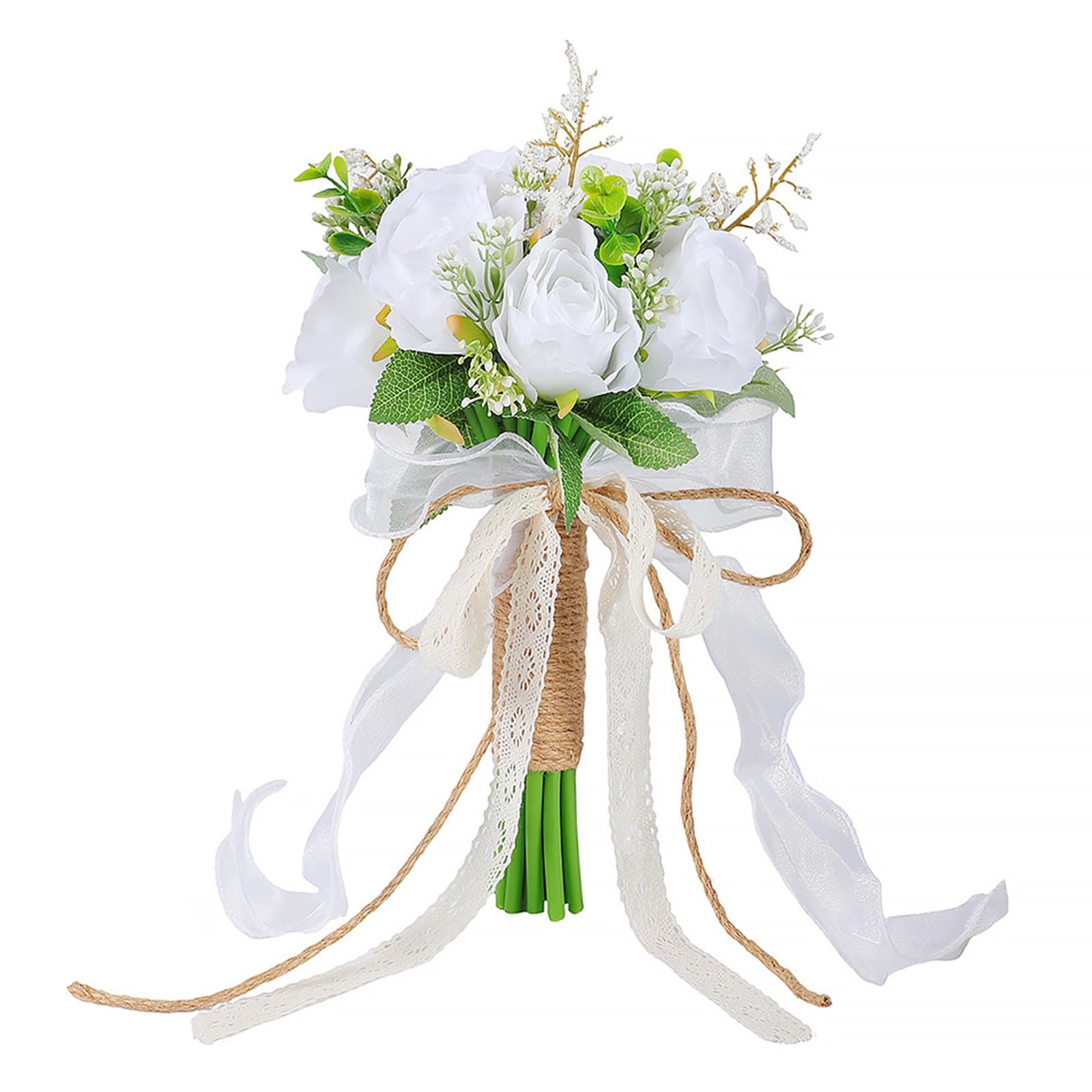 Buxuaaaa Enduring Artificial Roses Bouquet White Shades for Ceremony Reception Bride Arrangement Traditional Silk White and Flowers Bouquet