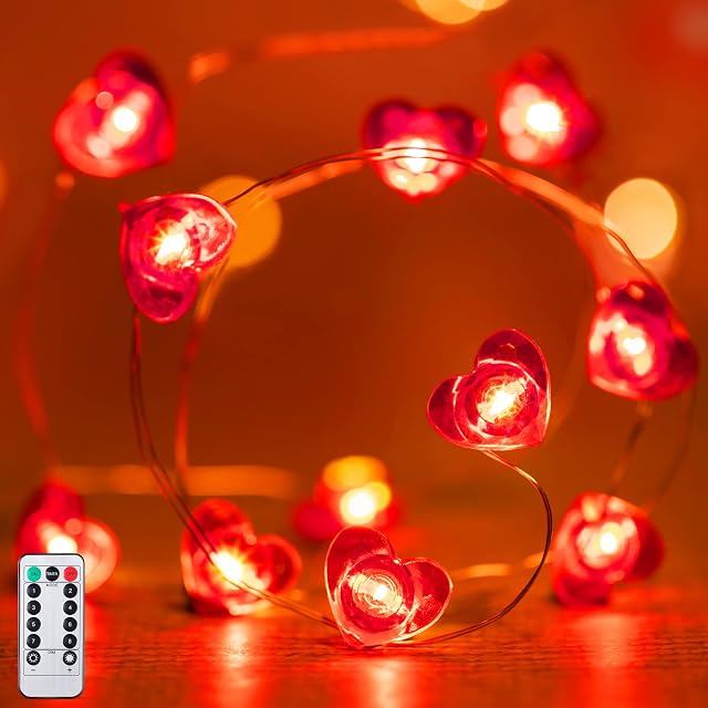 Valentine Day Decorations, 10ft 40 LEDs Red Heart Shaped String Lights with 8 Modes Remote Control, Battery Operated Twinkle Fairy String Lights for Valentine's Day Wedding Anniversary Room Decor