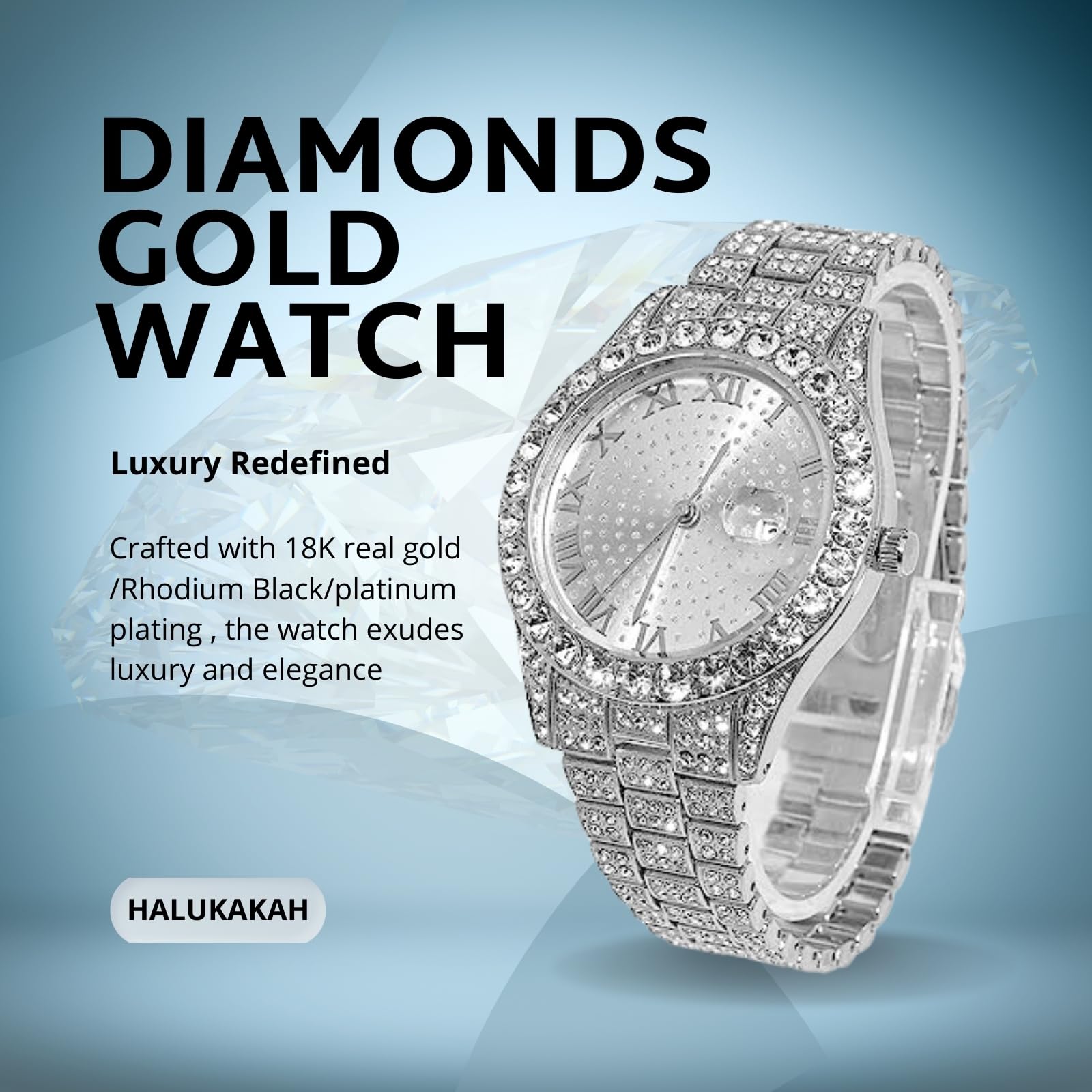 Halukakah Diamonds Watch Iced Out para niños y adolescentes, chapado en oro real de 18 quilates, esfera redonda de 42 mm de longitud, opcional con cadena de eslabones cubanos, con herramienta de